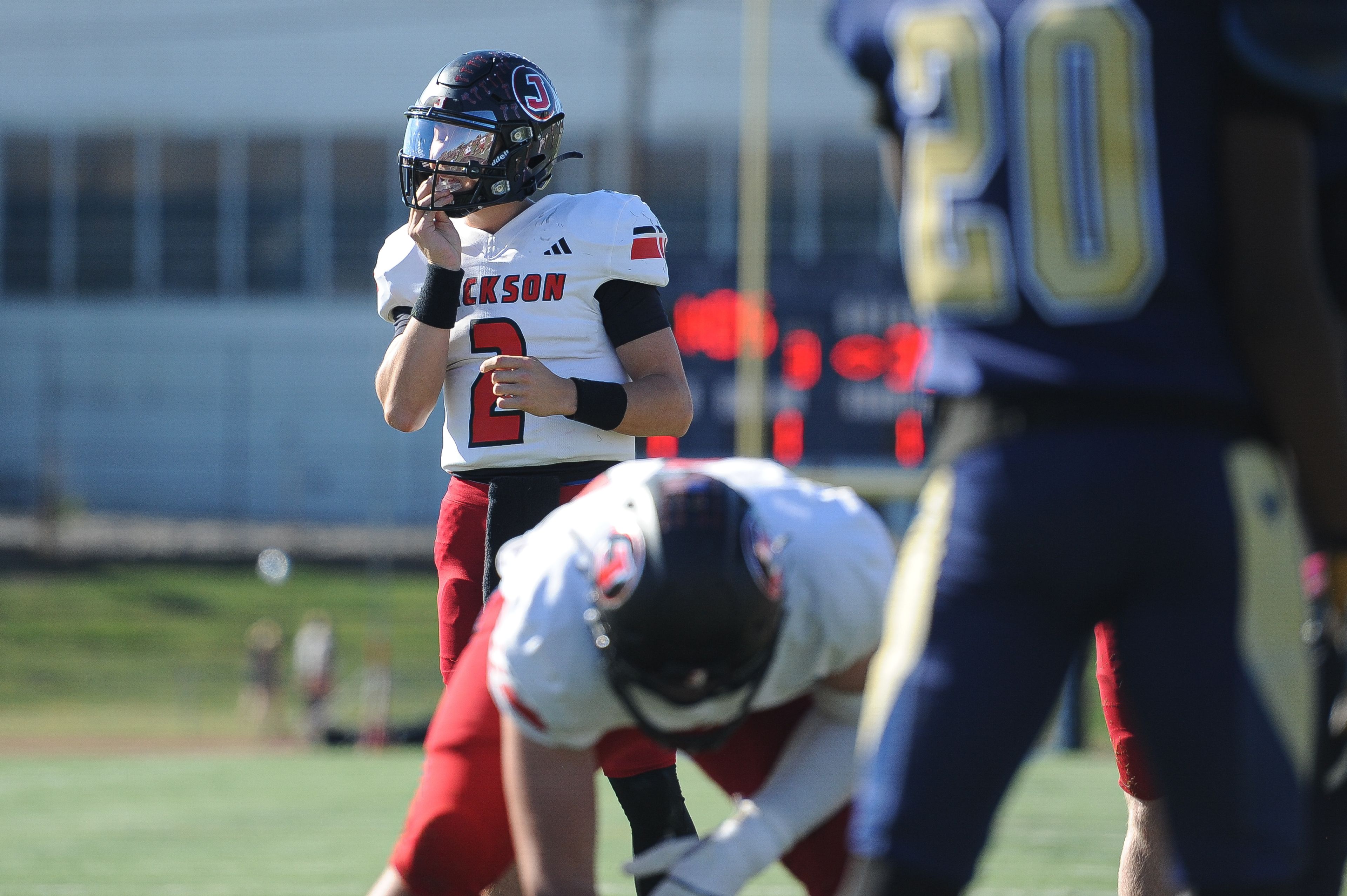 Jackson's Drew Parsons sets up for a play during a Saturday, October 19, 2024 game between the Miller Career/Vashon Phoenix and the Jackson Indians at Gateway STEM High School in St. Louis. Jackson defeated Miller Career, 55-14.