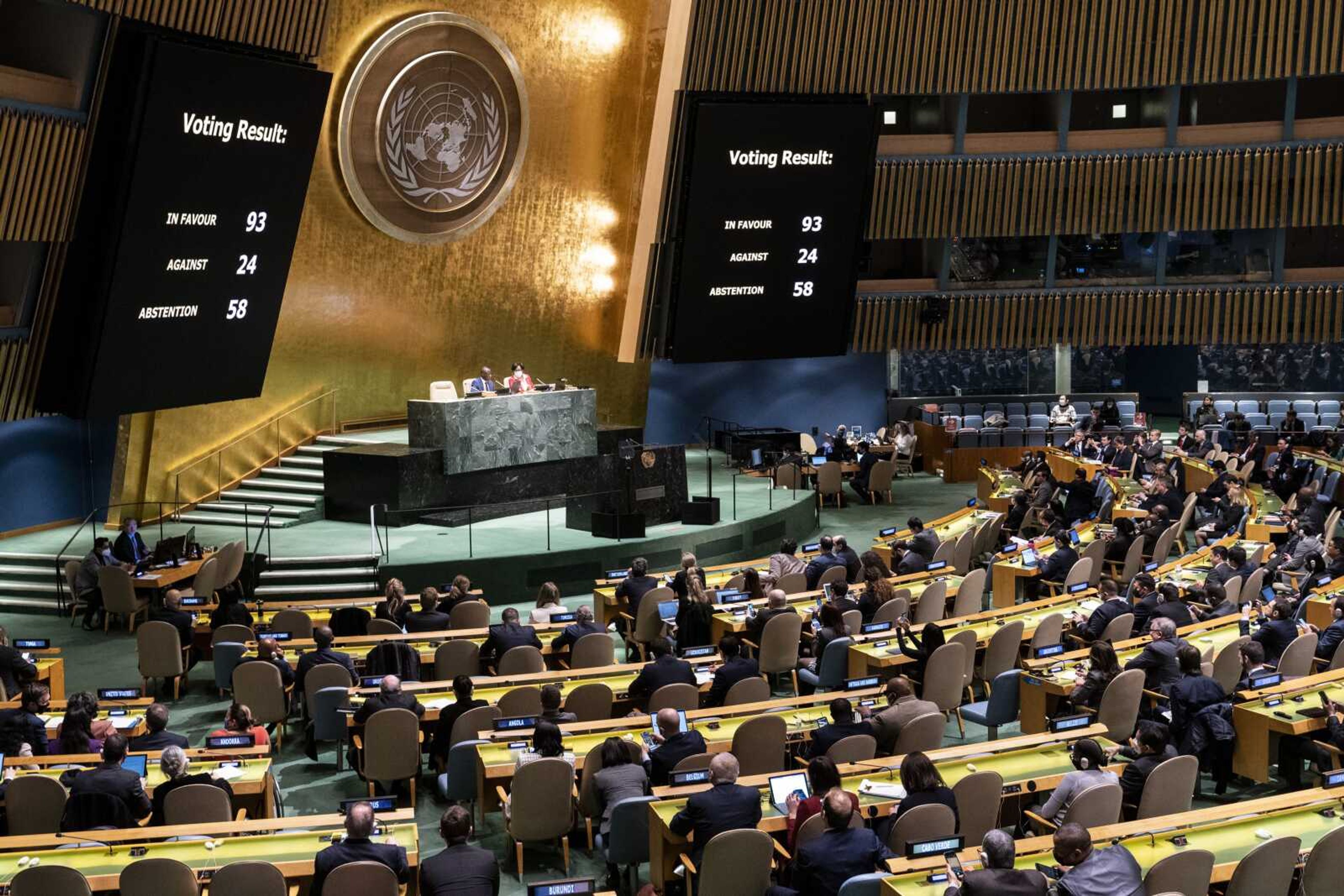 A completed resolution vote tally to affirm the suspension of the Russian Federation from the United Nations Human Rights Council is displayed during a meeting of the United Nations General Assembly on Thursday at United Nations headquarters.