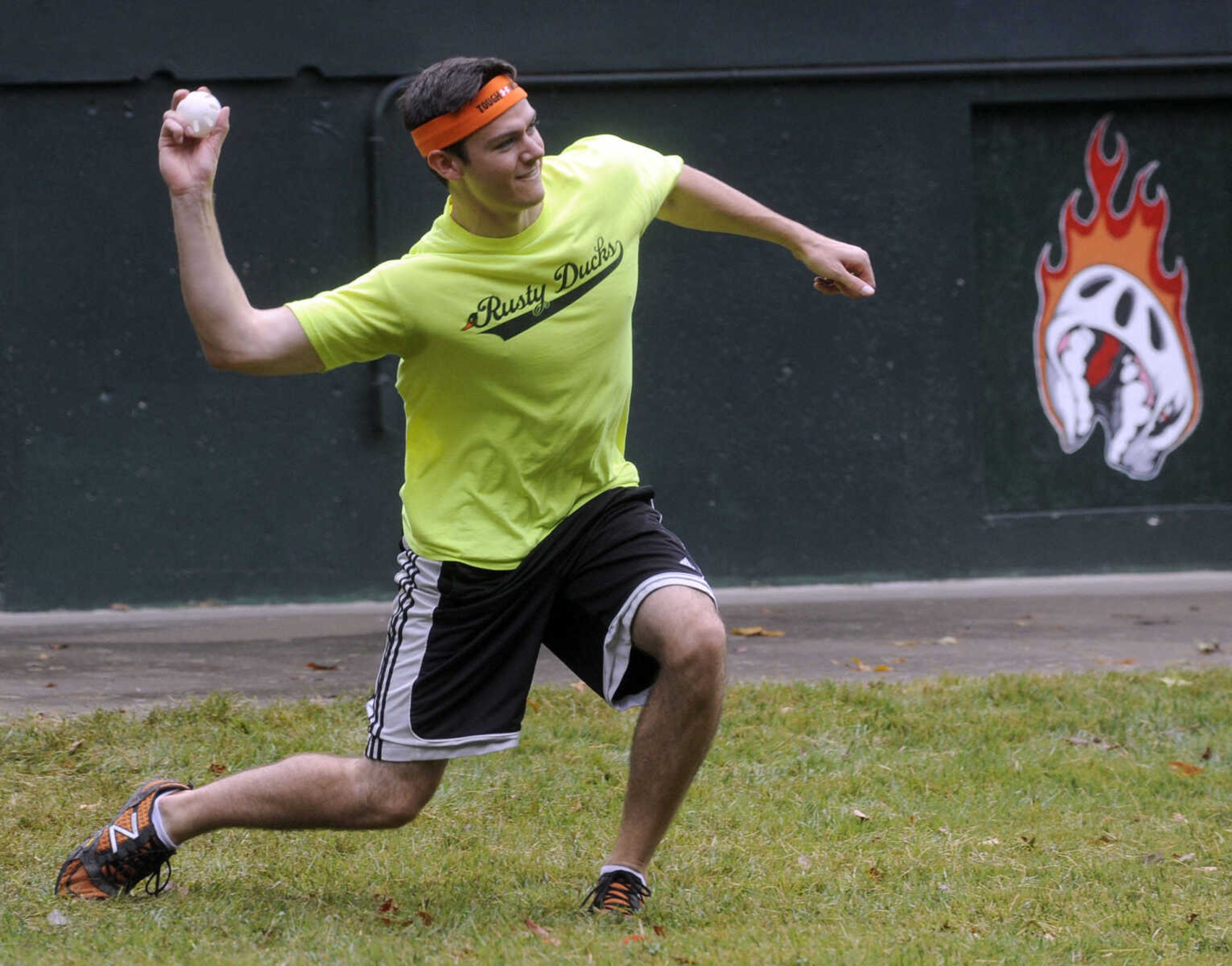 Rusty Ducks' Brenton Ruopp fields a hit to left field by the Diablos.