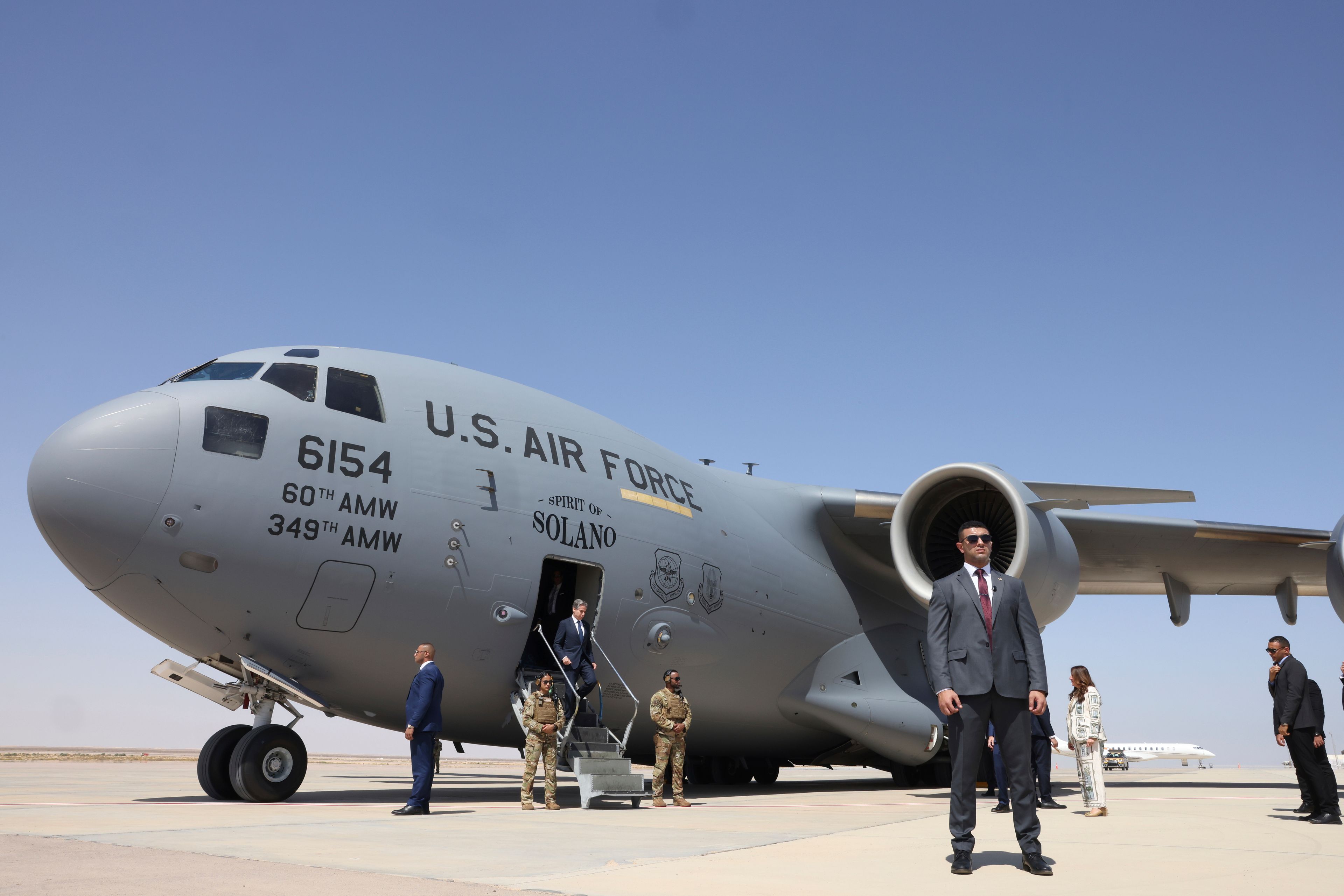 U.S. Secretary of State Antony Blinken deboards an airplane on arrival, at El-Alamein, Egypt, Tuesday, Aug.20, 2024. (Kevin Mohatt//Pool Photo via AP)