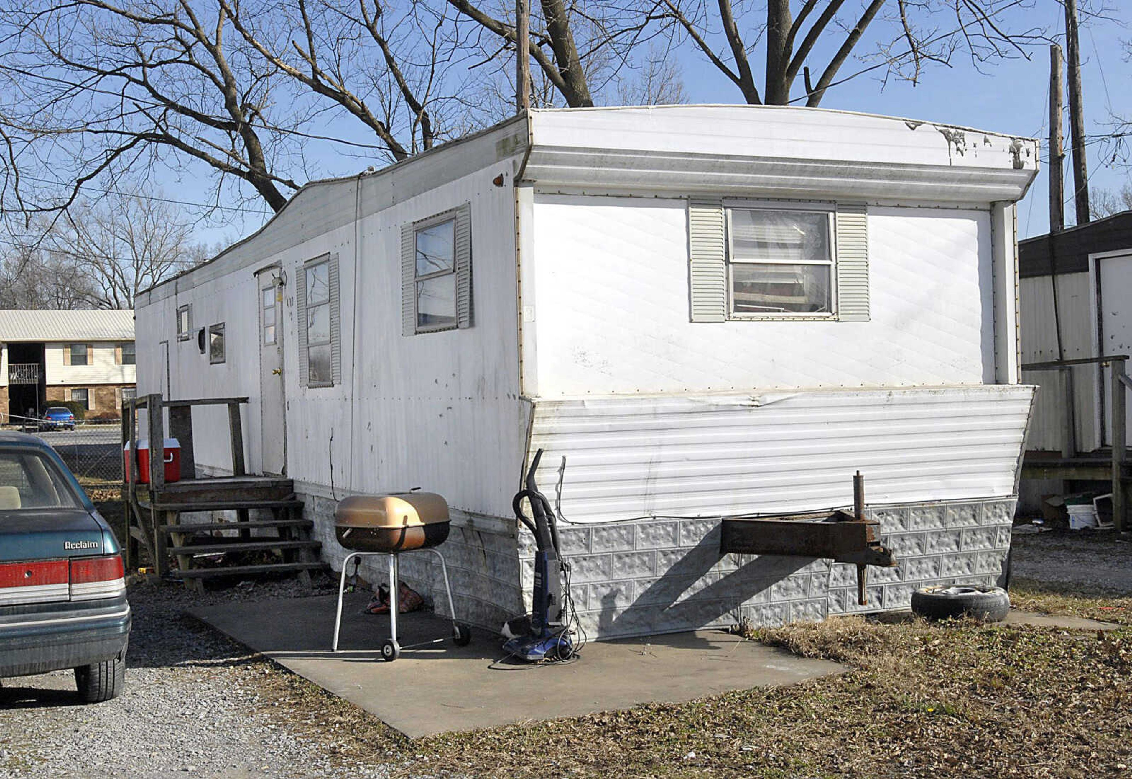 Marcus A. Bowers of Scott City was indicted Thursday in Scott County for causing the death of Stanley Frank Hagan of Kelso, Mo., outside this trailer in Scott City. Hagan died Sept. 28 of injuries he received when his head was struck down on a trailer tie down stake on Sept. 23, according to the indictment. (Fred Lynch)