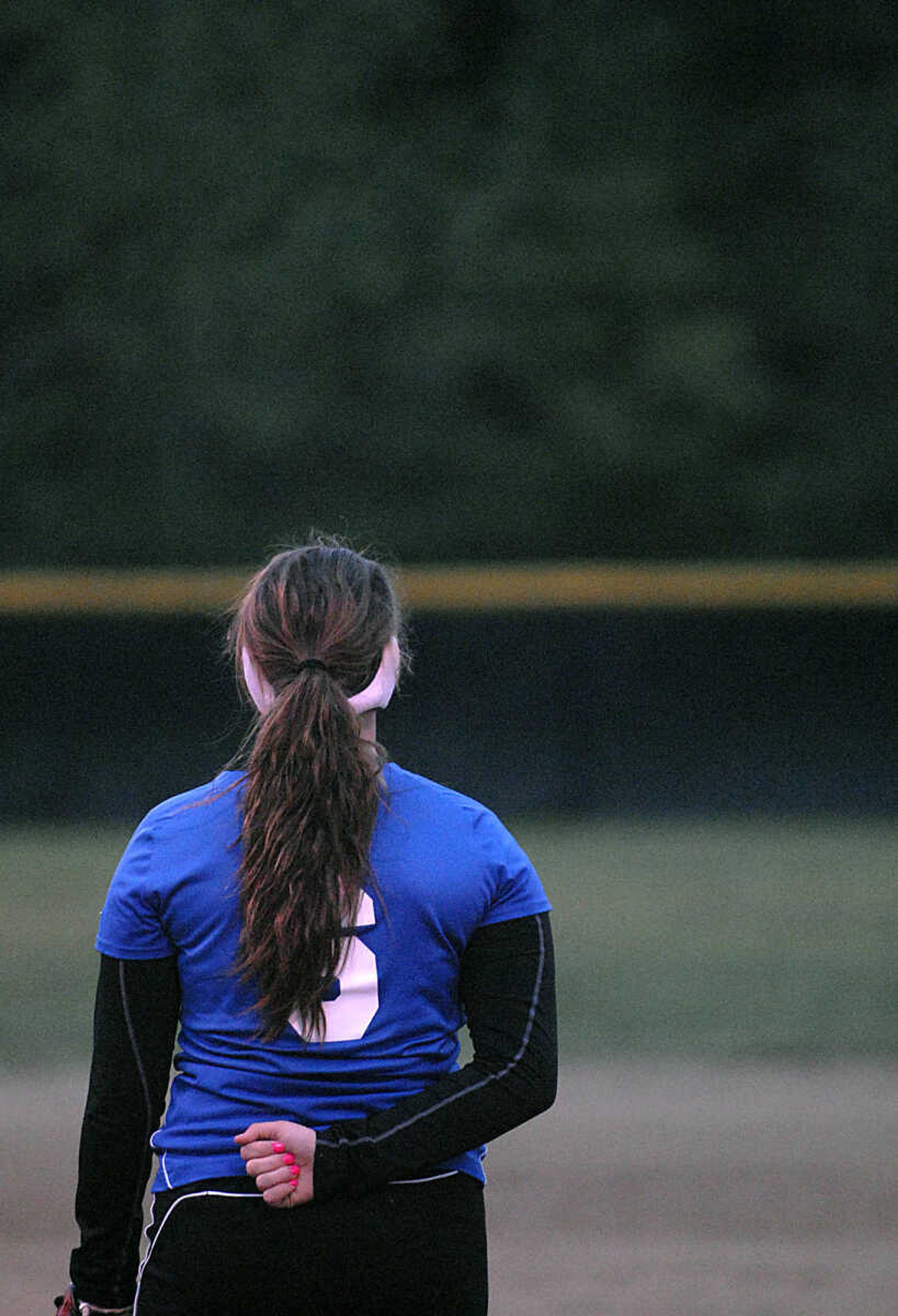 KIT DOYLE ~ kdoyle@semissourian.com
Notre Dame pitcher Lauren Reinagel watches a DeSoto home run head over the left field fence Thursday, October 15, 2009, in Poplar Bluff.