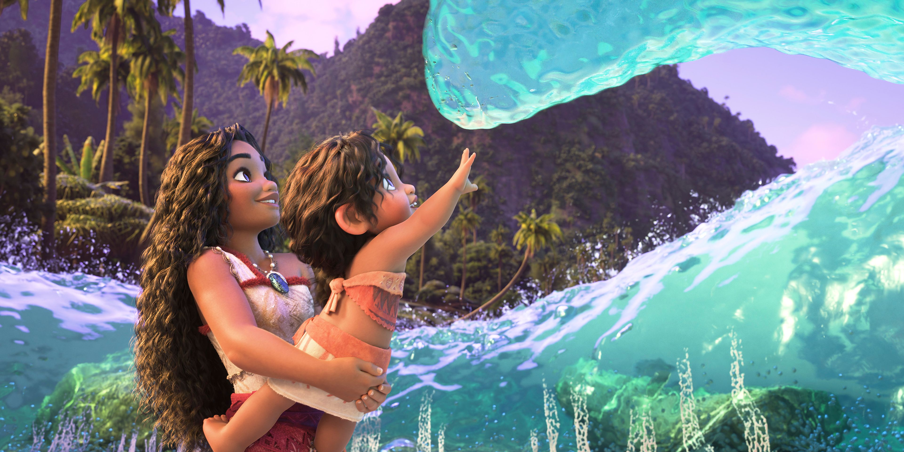 This image released by Disney shows the characters Moana, voiced by Auli'i Cravalho, holding Simea, voiced by Khaleesi Lambert-Tsuda, in a scene from "Moana 2." (Disney via AP)