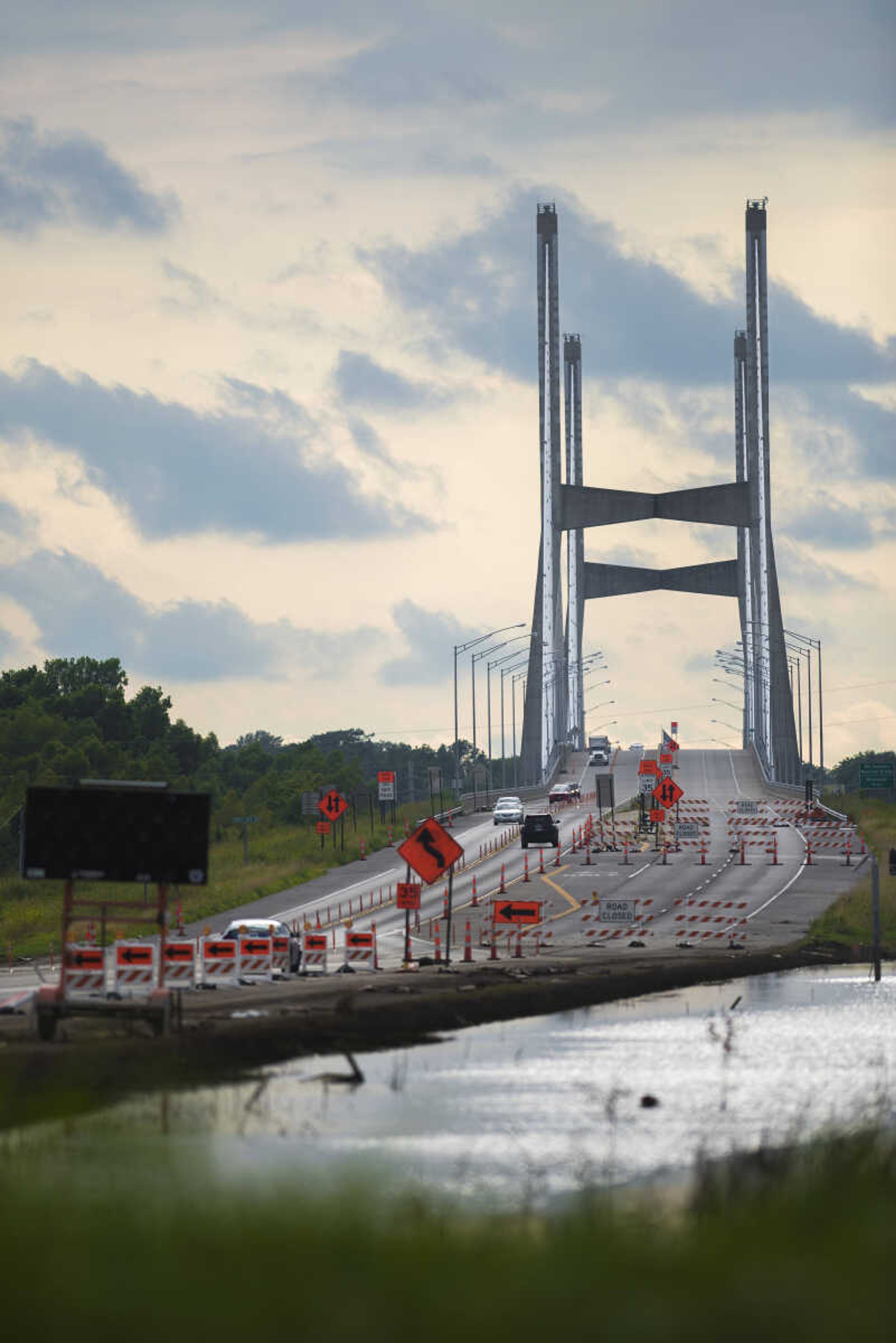 Motorists cross over the Bill Emerson Memorial Bridge on Monday, July 29, 2019, in East Cape Girardeau, Illinois. Seep water in Alexander County, Illinois, resulted in the closure of routes 3 and 146 between East Cape Girardeau and McClure, Illinois, for 36 days, from June 21 until July 26.