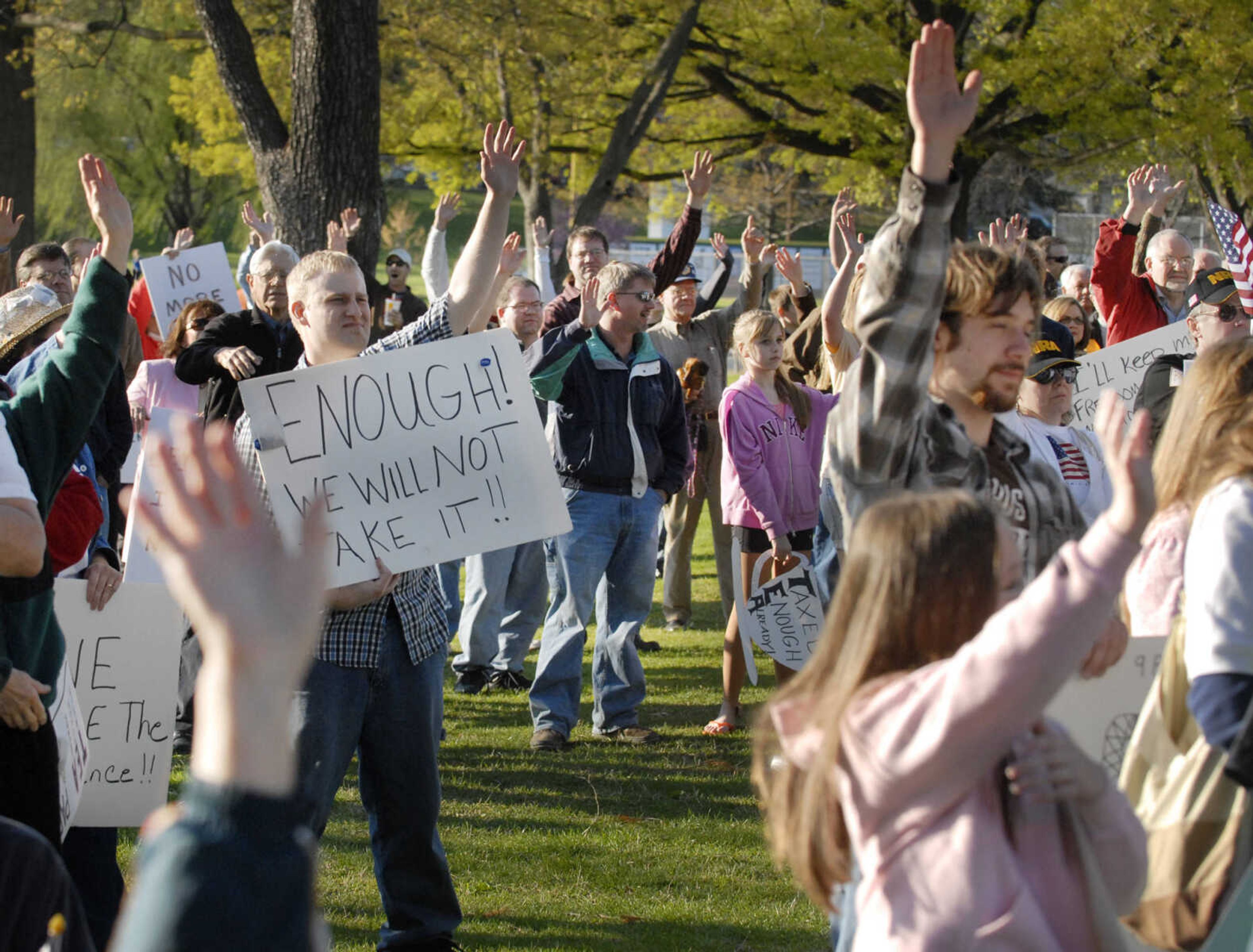 ELIZABETH DODD ~ edodd@semissourian.com
Many people in a crowd of 600 raised their hands after being asked who had never been to an event protesting their government.