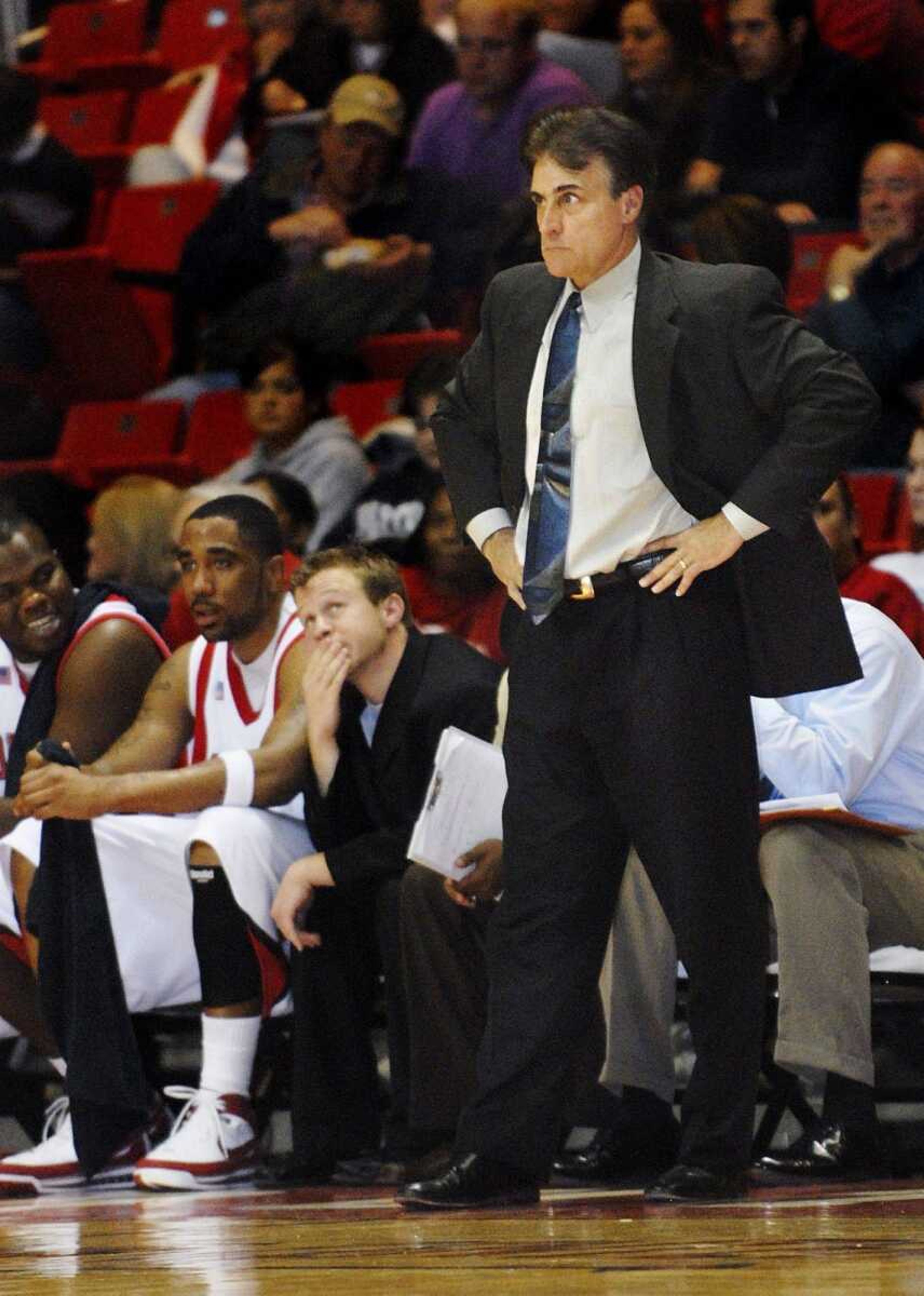 AARON EISENHAUER ~ photos@semissourian.com
Coach Scott Edgar stands by the bench during Southeast's game against Rolla on Nov. 3, 2007.