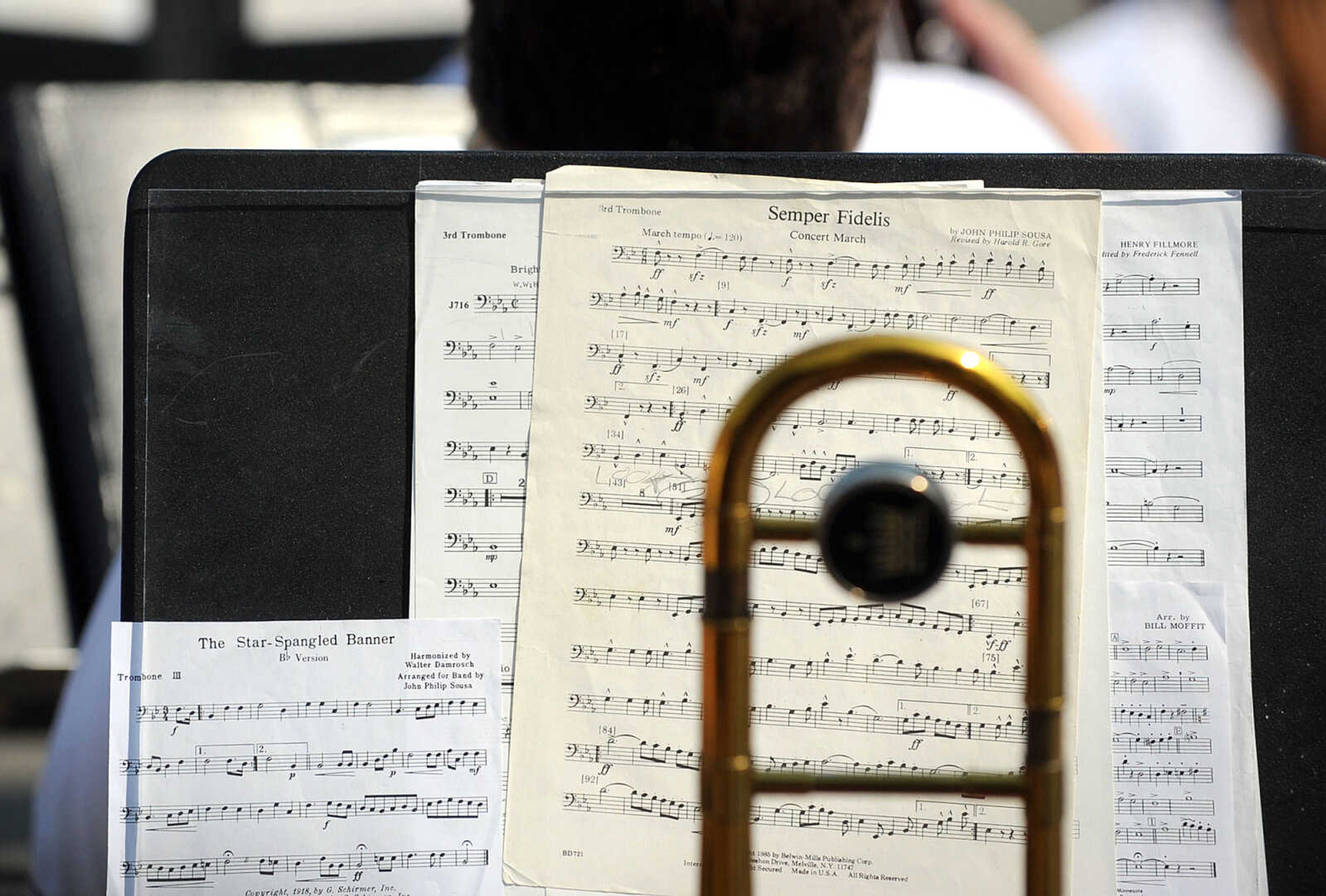 LAURA SIMON ~ lsimon@semissourian.com
Sheet music waits to be played by a trombonist with the Jackson Municipal Band Monday morning, May 28, 2012 at the Memorial Day service at Jackson City Cemetery.