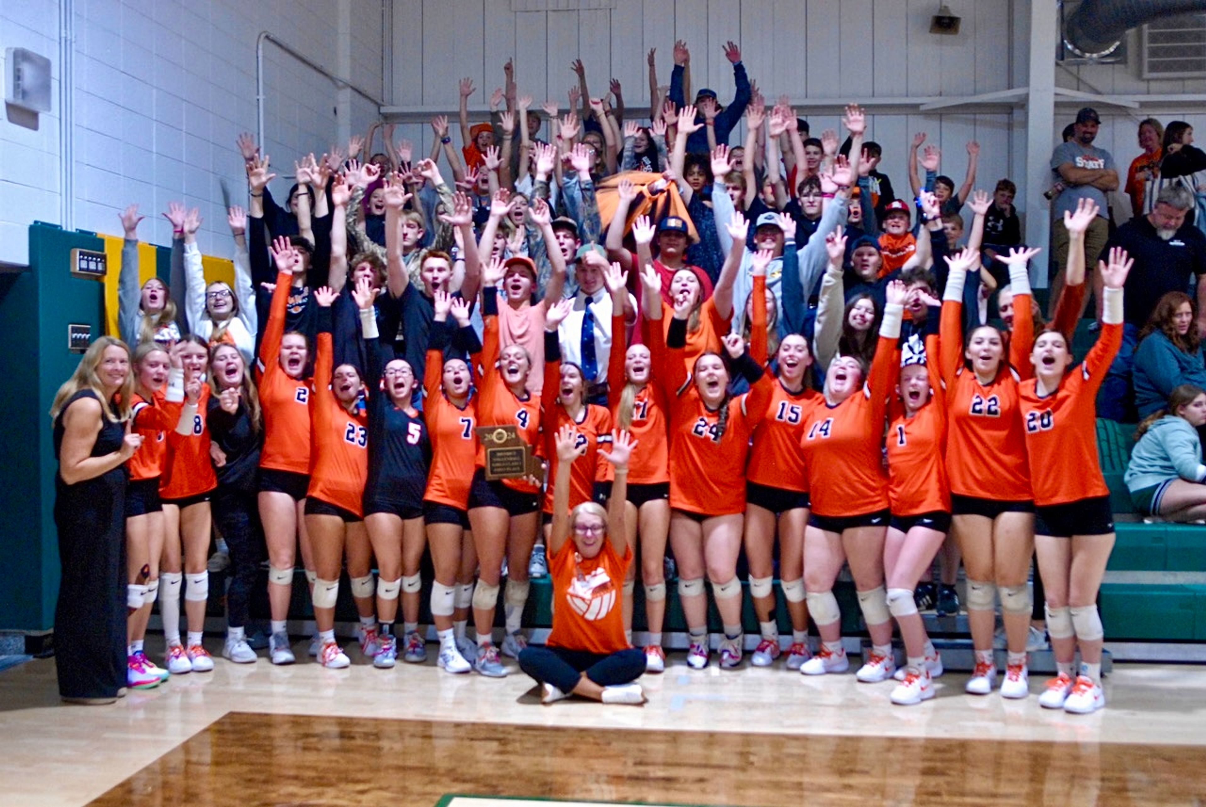 The Advance volleyball team celebrates with their fans after winning the Class 1 District 3 championship on Tuesday, Oct. 29, in Zalma. 