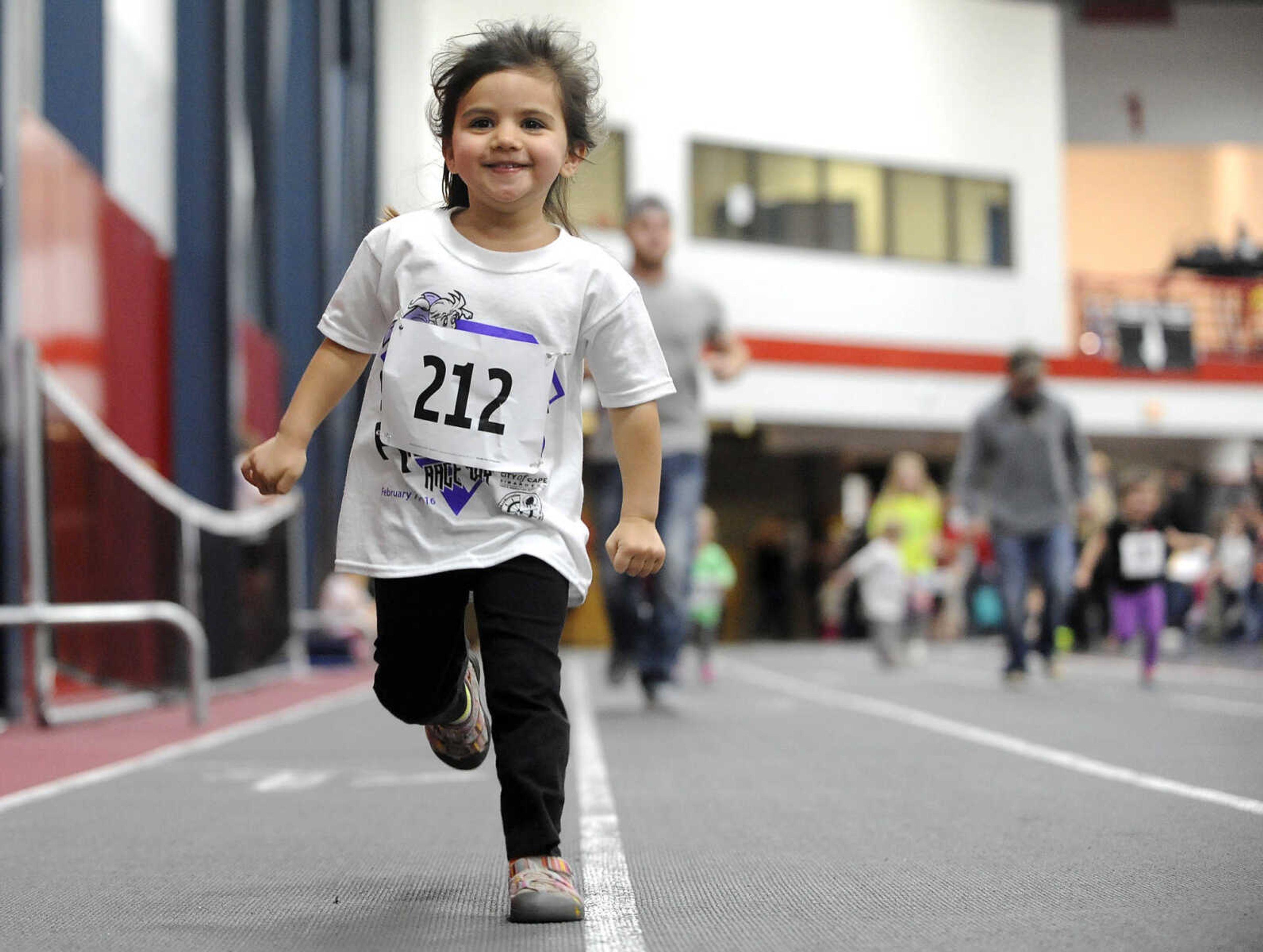 FRED LYNCH ~ flynch@semissourian.com
Delia Pavon finishes first in a 50-meter run for 2-year-olds at the Super Kids Race Day on Sunday, Feb. 7, 2016 at the Student Recreation Center.