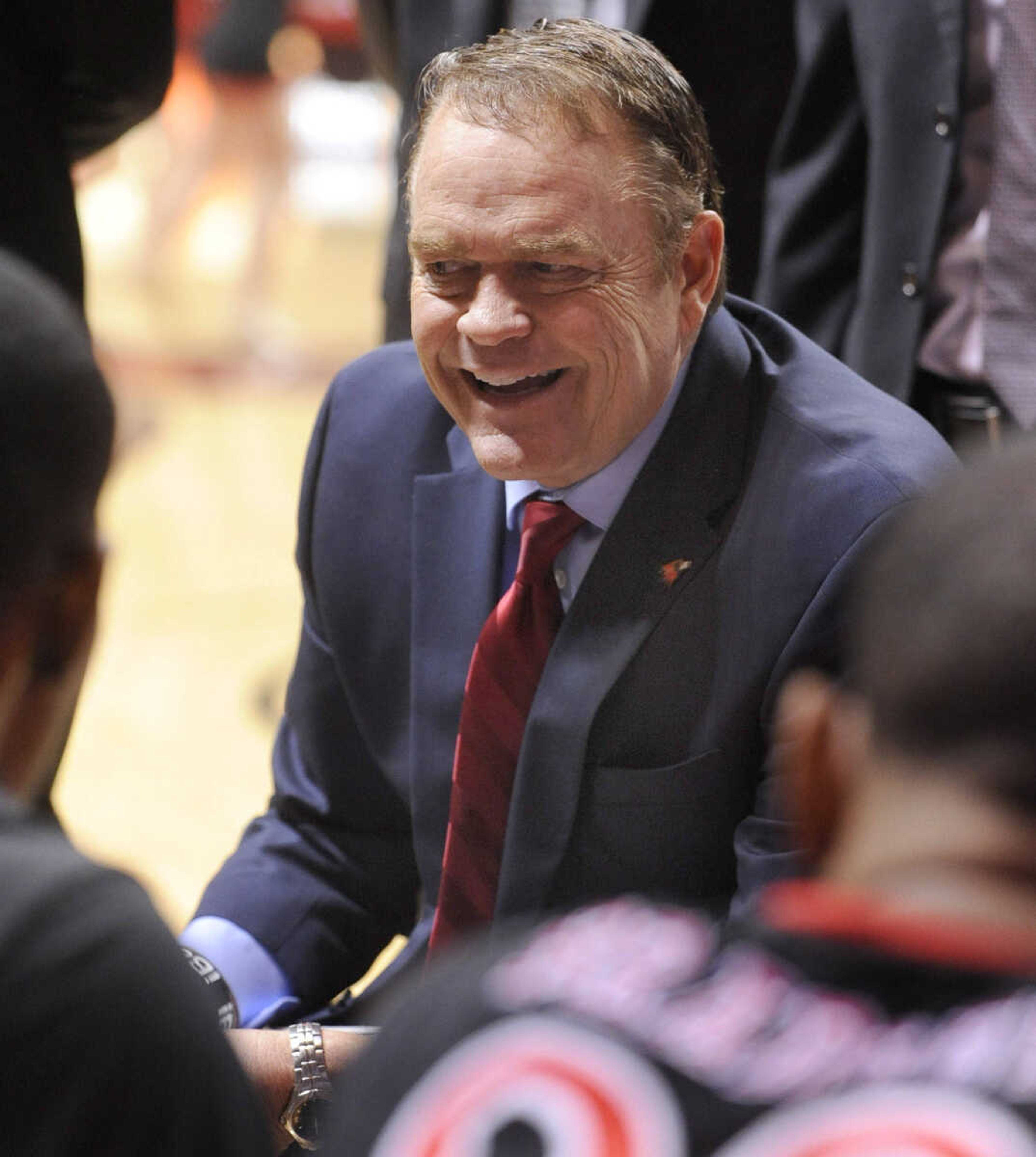 Southeast Missouri State coach Dickey Nutt talks to his team during a timeout in the second half of the Austin Peay game Saturday, Feb. 28, 2015 at the Show Me Center. (Fred Lynch)