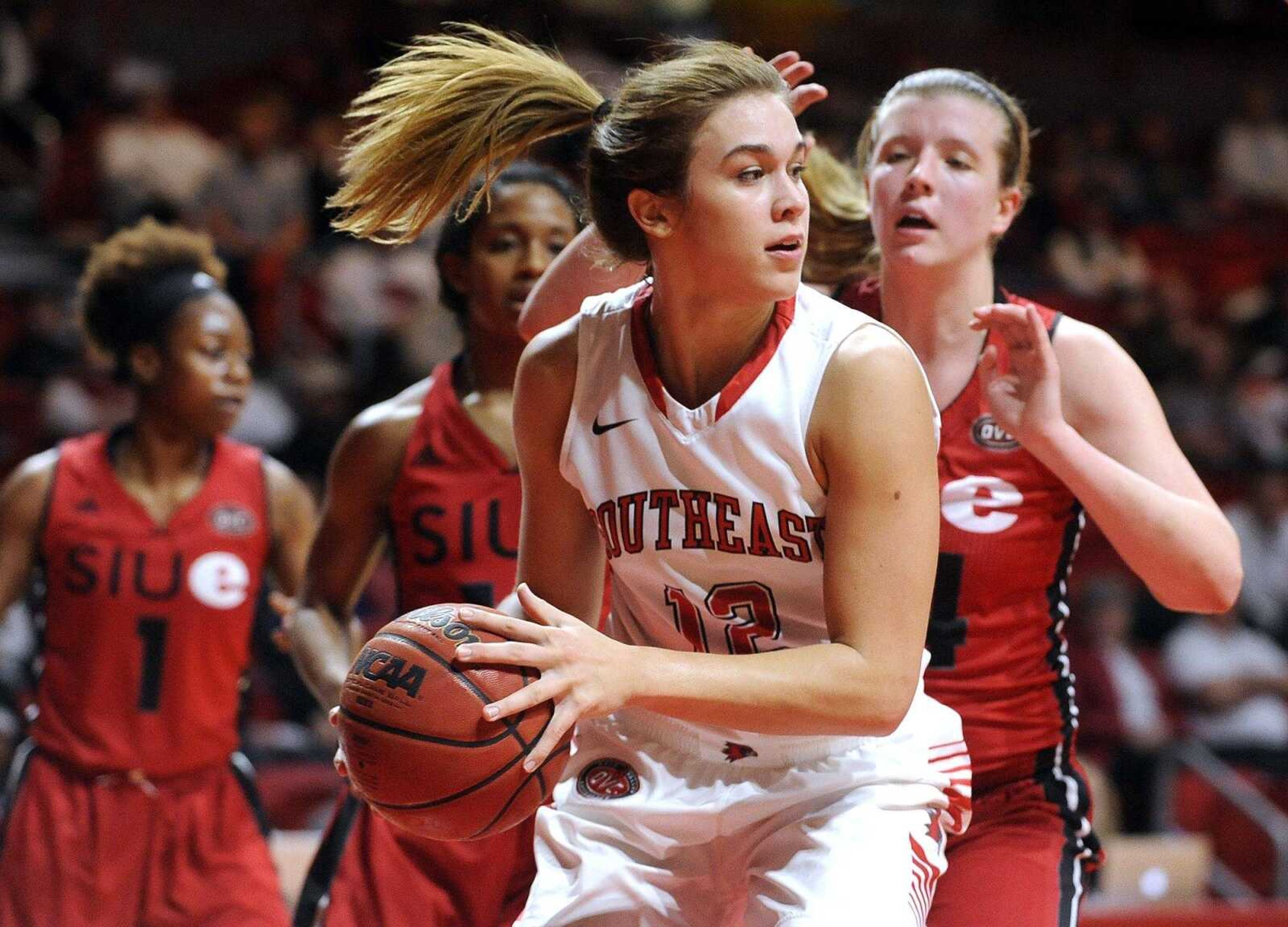 Southeast Missouri State's Erin Bollmann drives to the basket against SIUE during the second quarter Wednesday at the Show Me Center.