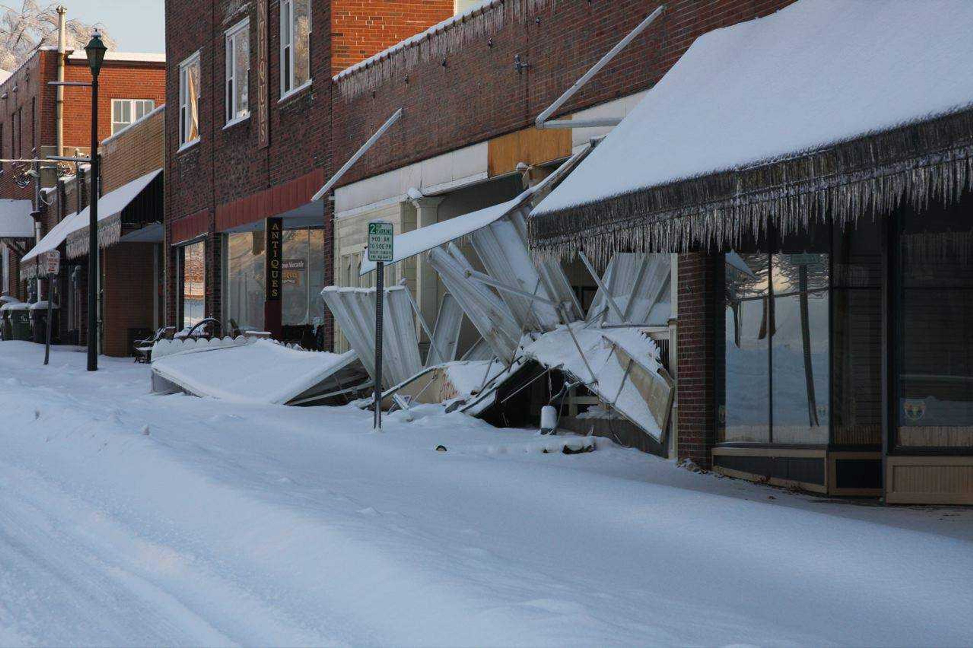 Submitted Photo by Craig Thomas
The weight of ice and snow caused an awning to collapse on Bella Italia restaurant in Cape Girardeau.