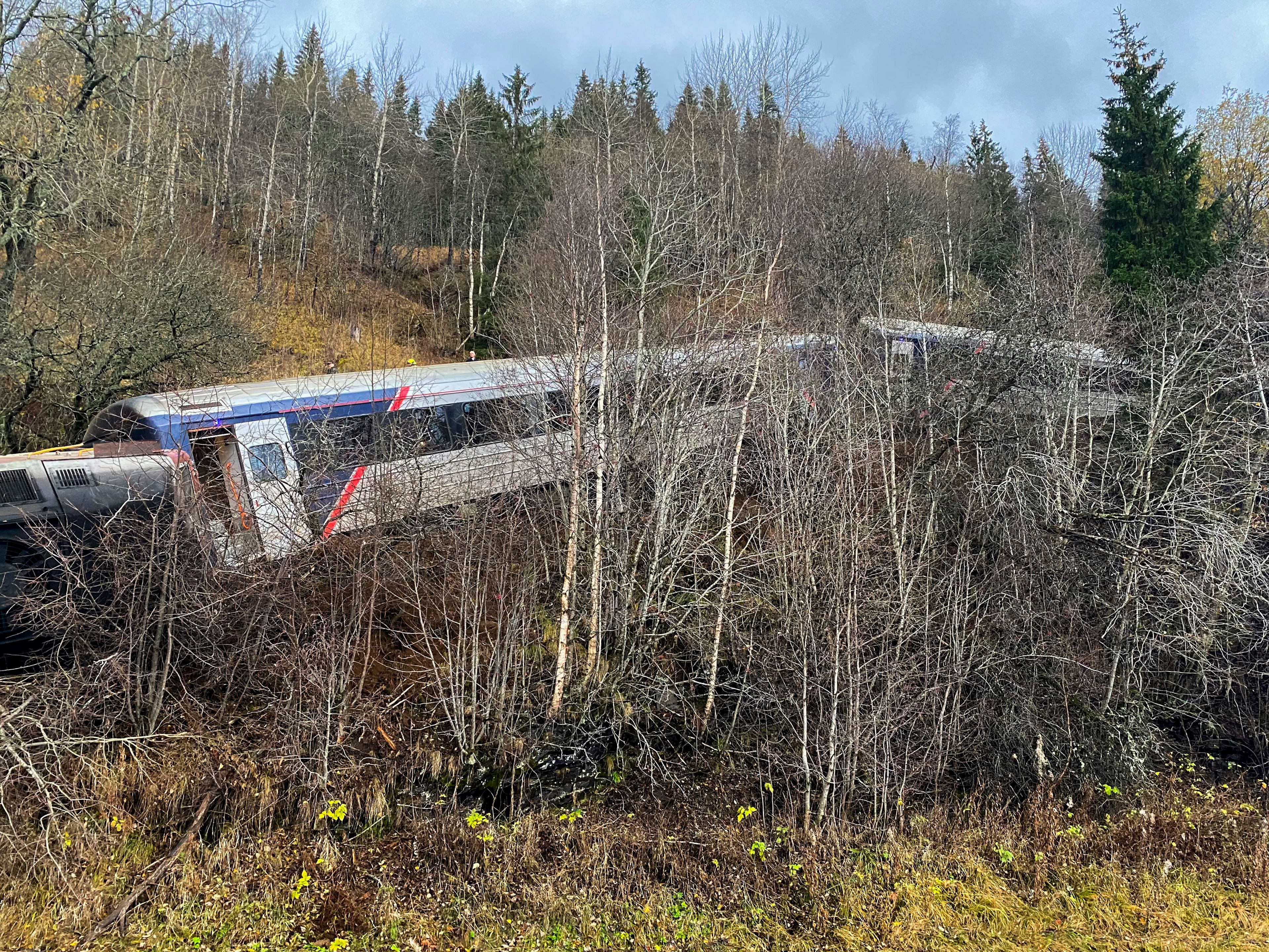 Several people were injured in the train derailment at Finneidfjord in Nordland, Norway, on Wednesday afternoon, the police said, Thursday, Oct. 24, 2024. The derailment is probably caused by a rock slide. (Jan Kenneth Transeth/NTB Scanpix via AP)