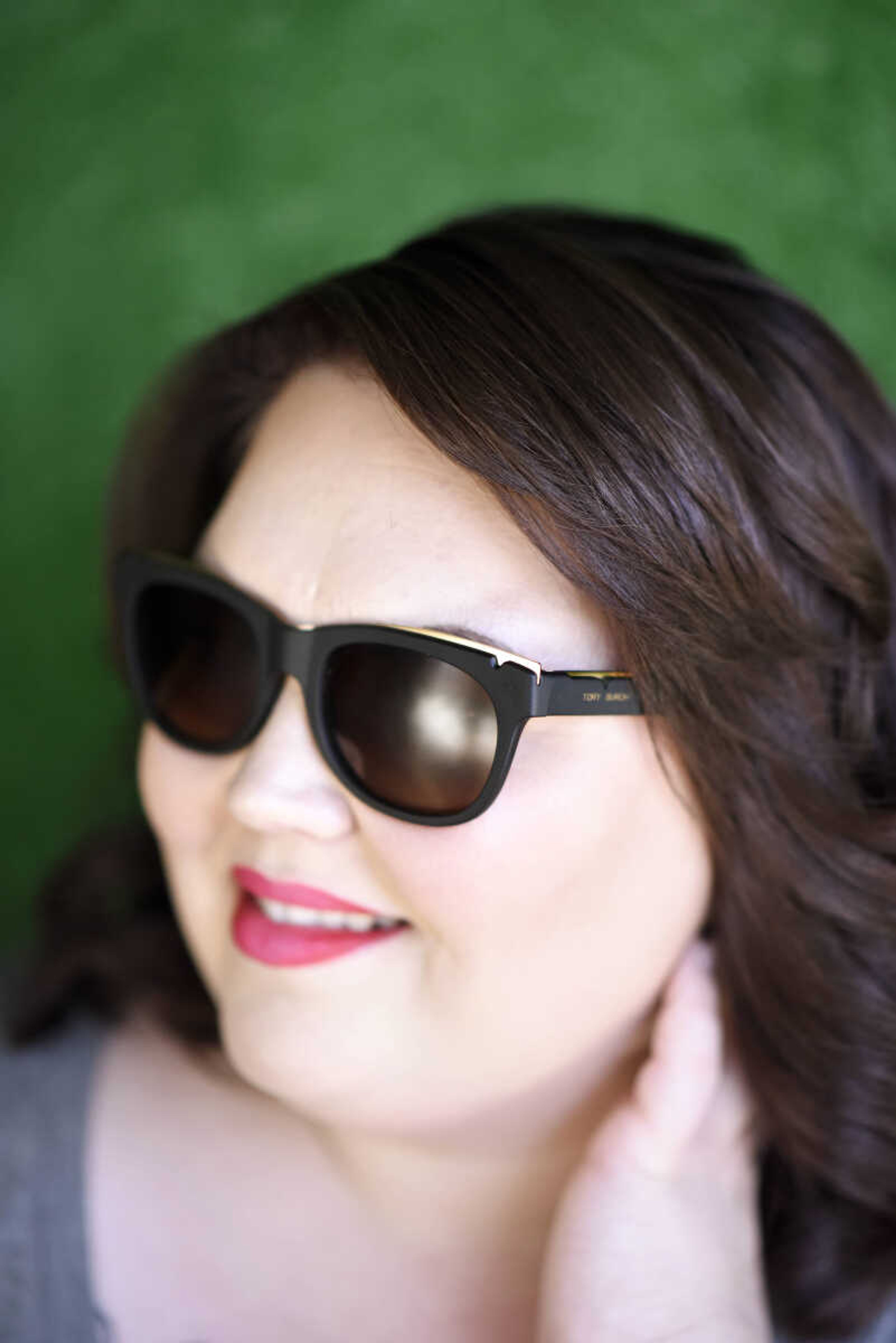 On Alana: Black frames with gold accents from Tory Burch, $219 at Leet EyeCare