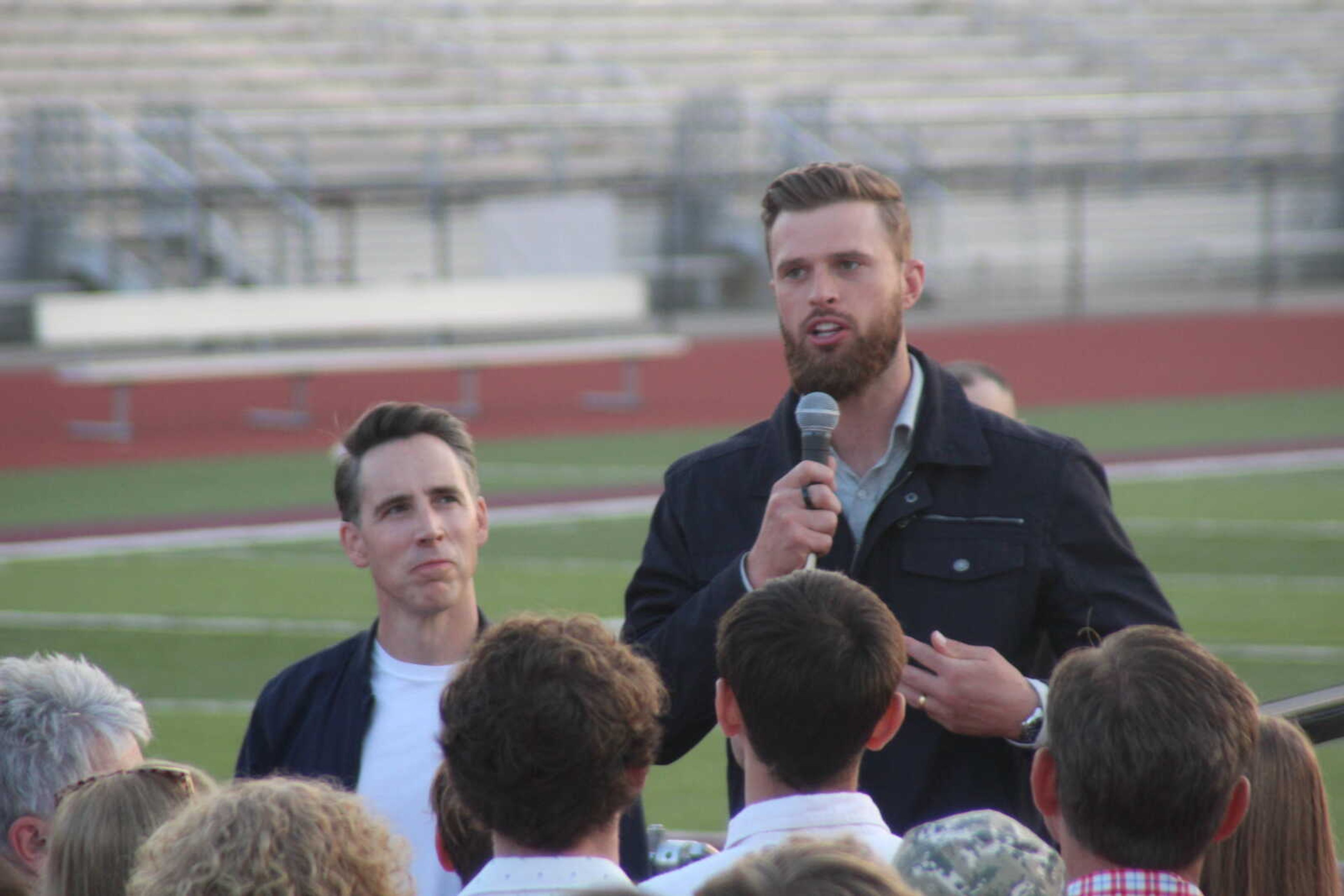 Kansas City Chiefs kicker Harrison Butker, right, endorses Sen. Josh Hawley, R-Mo., on Thursday, Oct. 10, in Poplar Bluff.