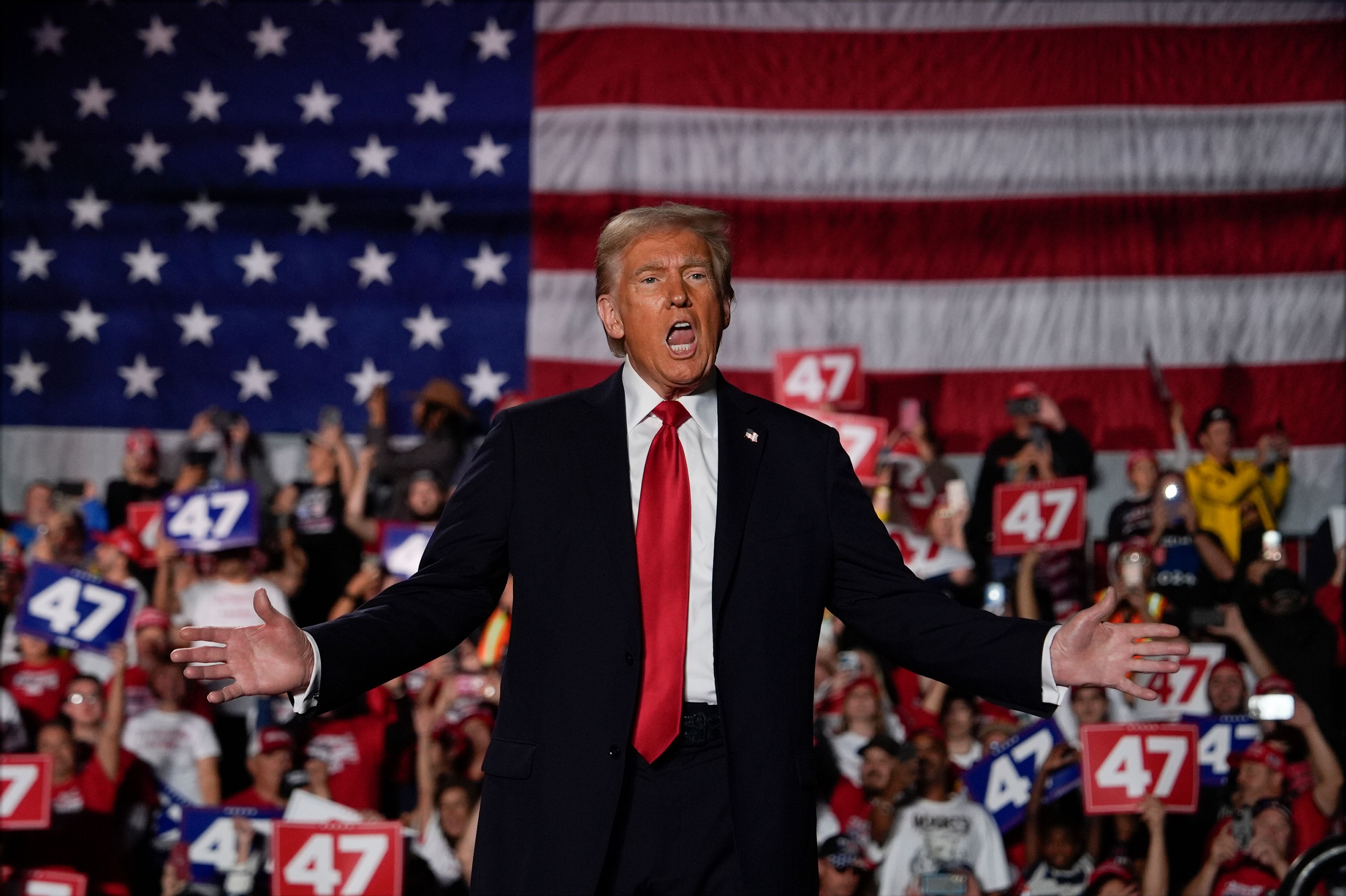 Republican presidential nominee former President Donald Trump arrives at a campaign rally at Macomb Community College, Friday, Nov. 1, 2024, in Warren, Mich. (AP Photo/Julia Demaree Nikhinson)