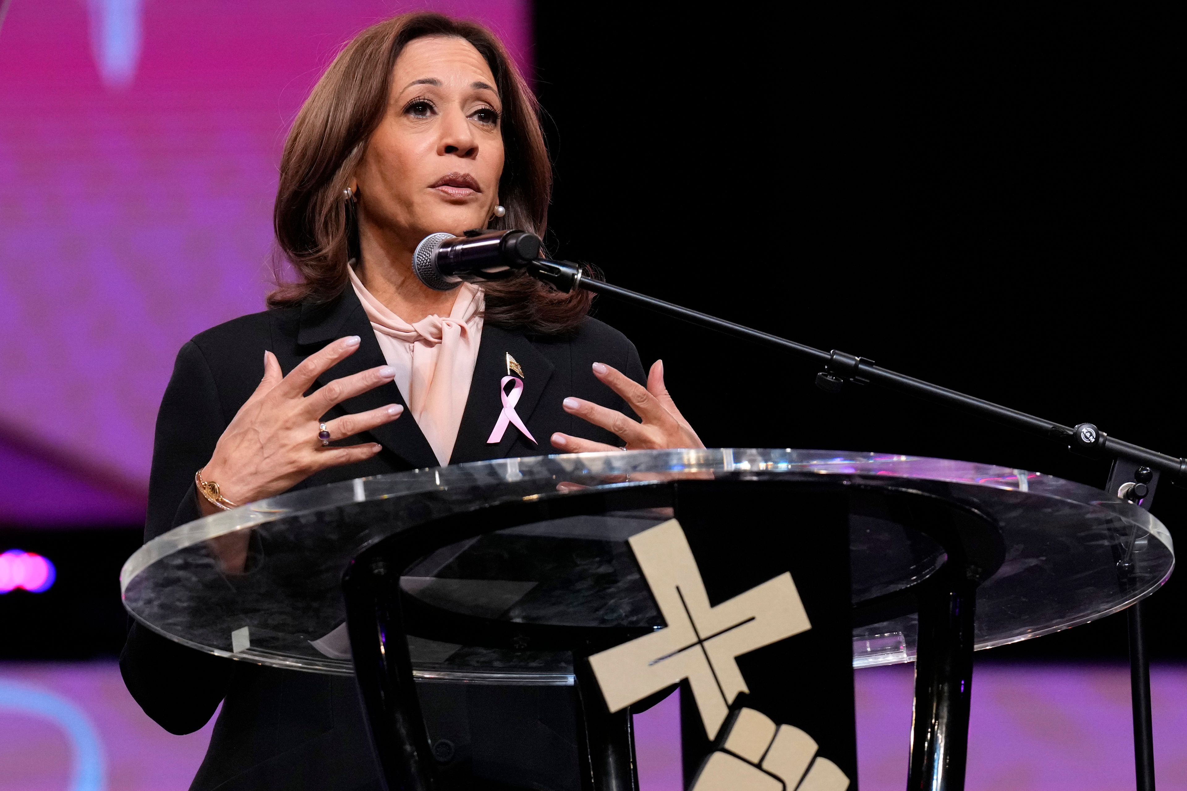 Democratic presidential nominee Vice President Kamala Harris speaks at a church service at New Birth Baptist Church in Stonecrest, Ga., Sunday, Oct. 20, 2024. (AP Photo/Jacquelyn Martin)