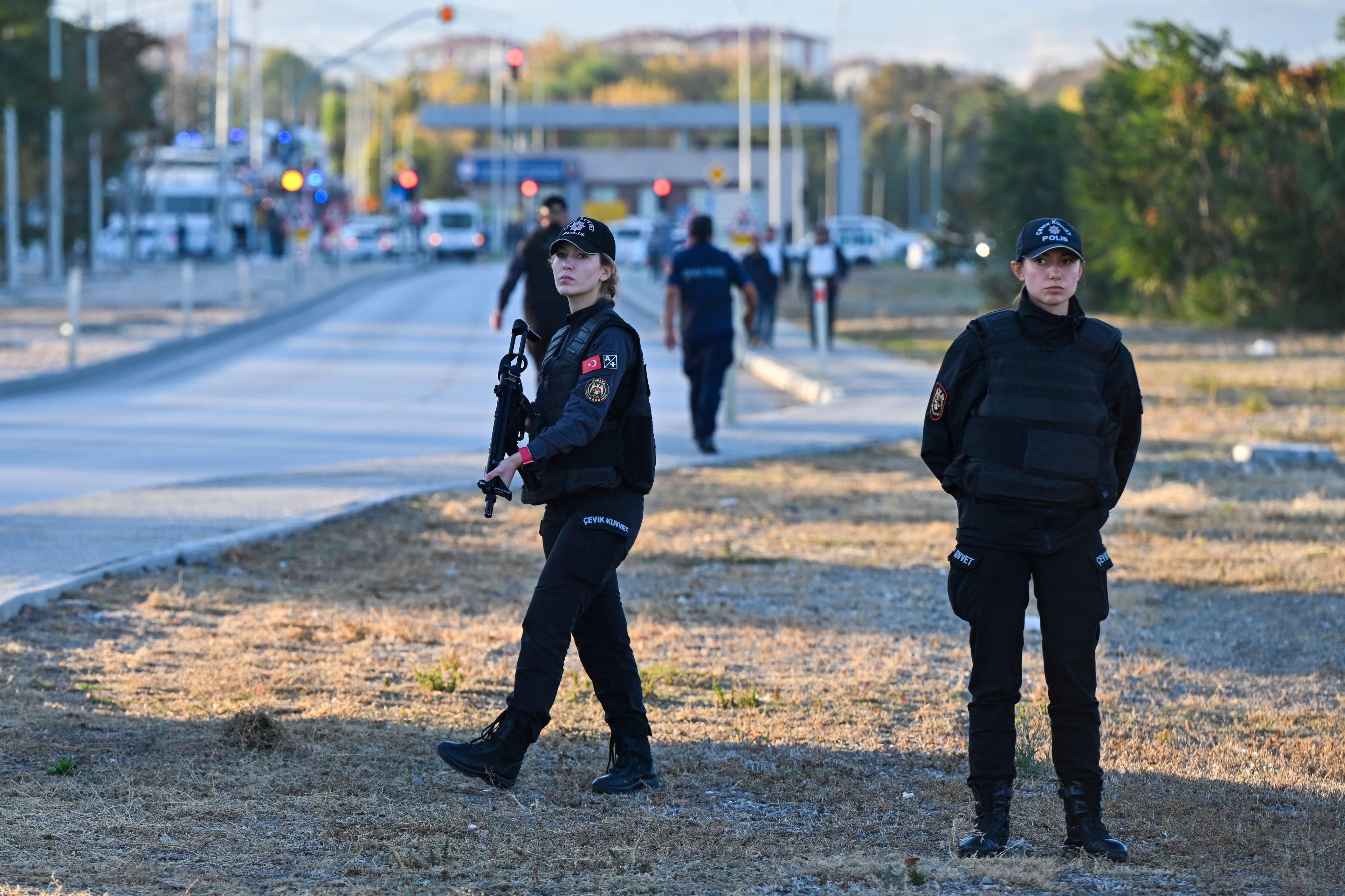 Emergency and security teams are deployed outside of Turkish Aerospace Industries Inc. at the outskirts of Ankara, Turkey, Wednesday, Oct. 23, 2024. (AP Photo)