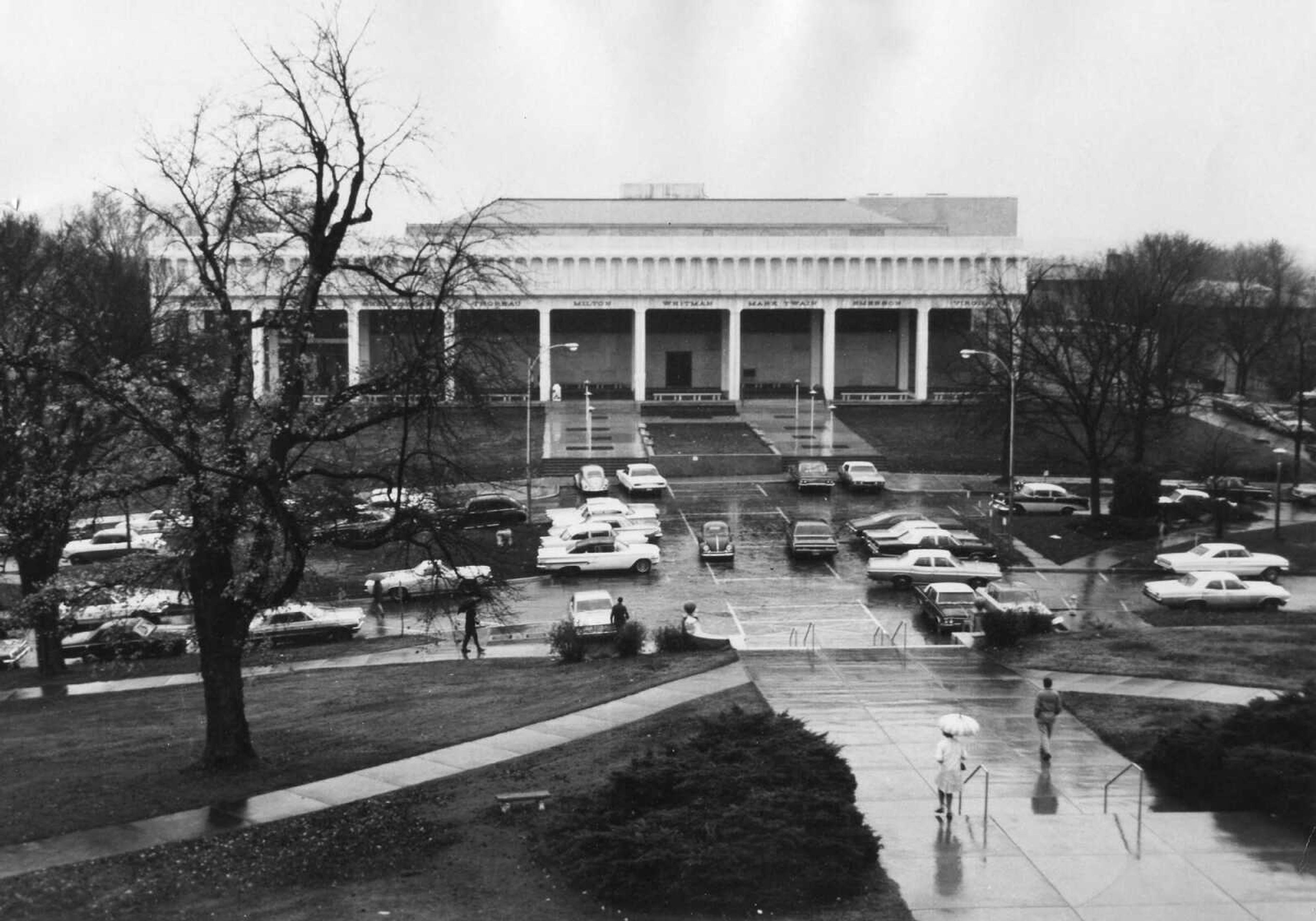 Published Nov. 16, 1968
State College's expanded Kent Library, which will be rededicated Sunday afternoon in ceremonies starting at 2:30, stands out in gleaming whiteness on a gloomy, rainy afternoon. The view is from the porch of Academic Hall across Normal Avenue at top of the college hill. (Southeast Missourian archive photo)