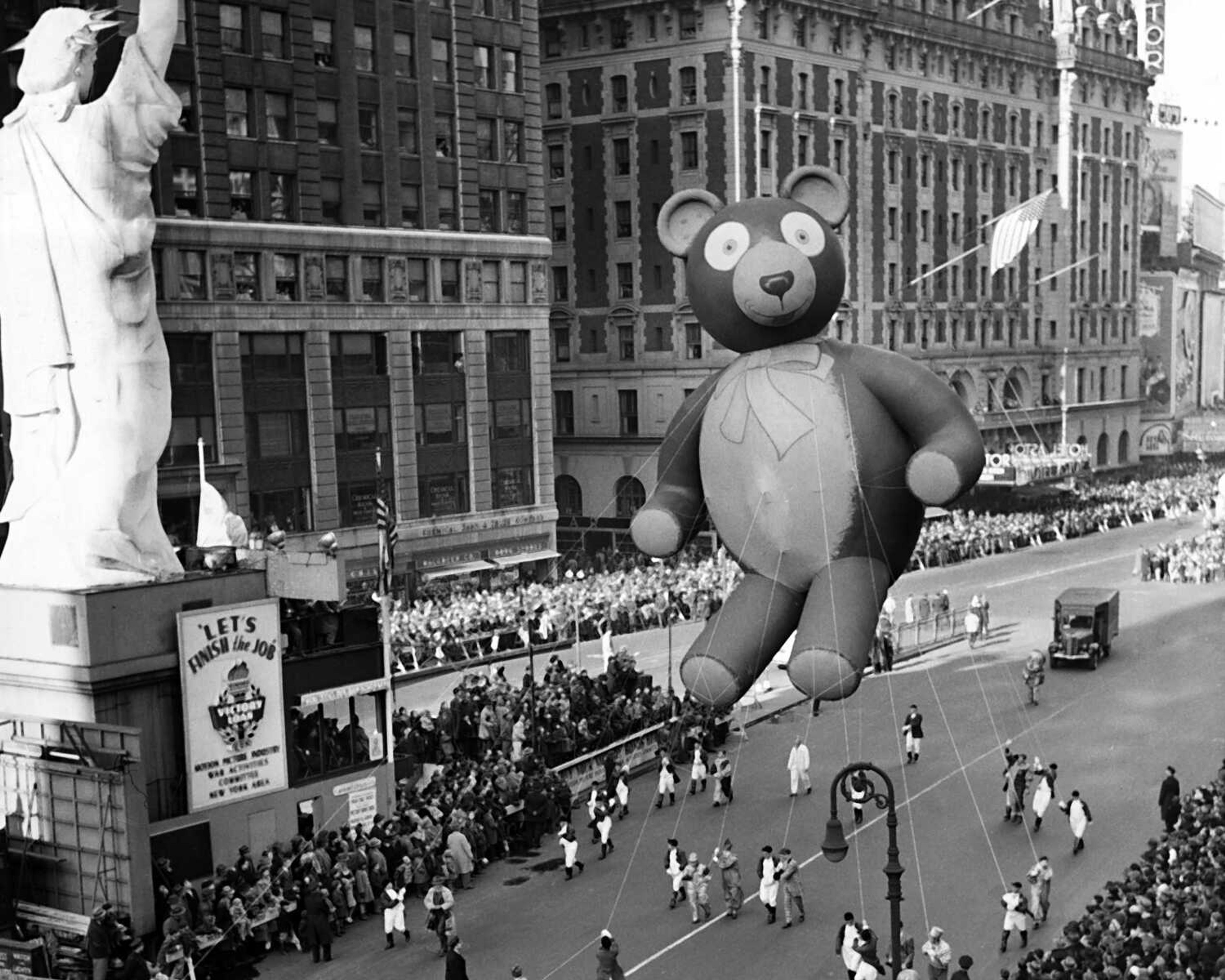 A float is paraded through New York's Times Square during the annual Macy's Thanksgiving Day Parade on Nov. 23, 1945, the first parade since the festivities were suspended during World War II.