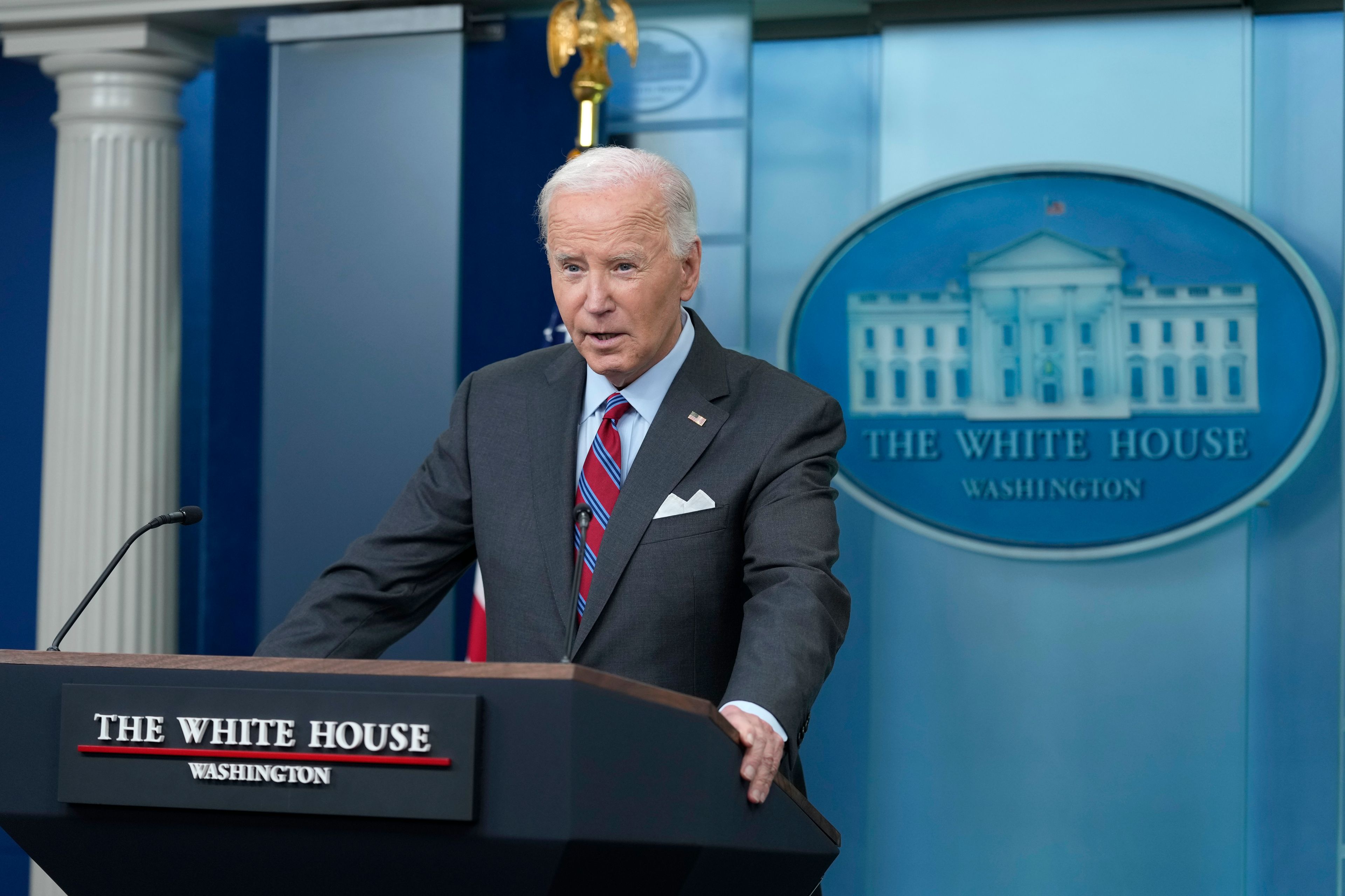 President Joe Biden speaks during a surprise appearance to take questions during the daily briefing at the White House in Washington, Friday, Oct. 4, 2024. (AP Photo/Susan Walsh)