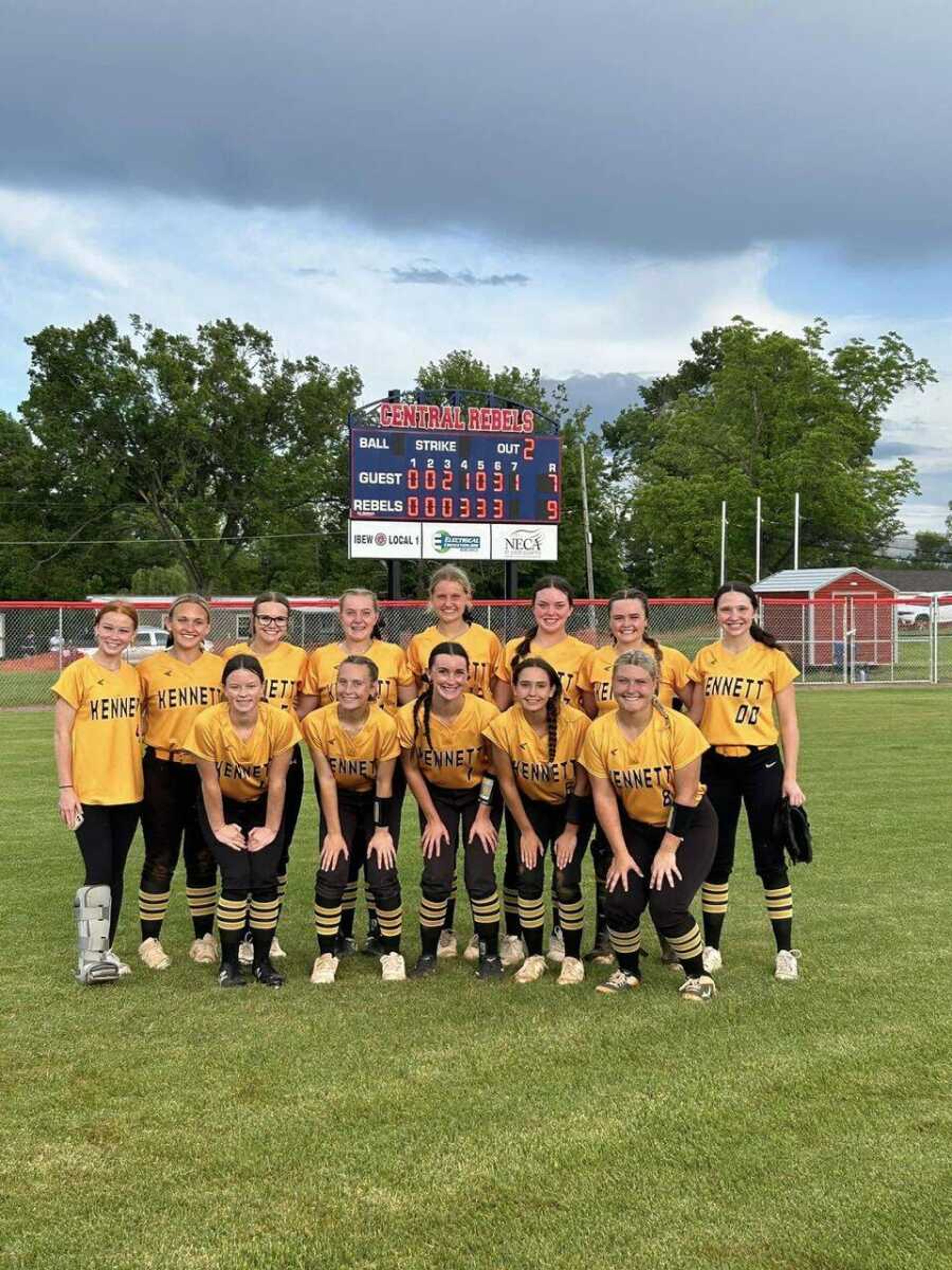 Kennett's Lady Indians pose after defeating Central (Park Hills) 9-7 at the opening round of the MSHSAA Class 2 State Tournament Tuesday away at Park Hills. 