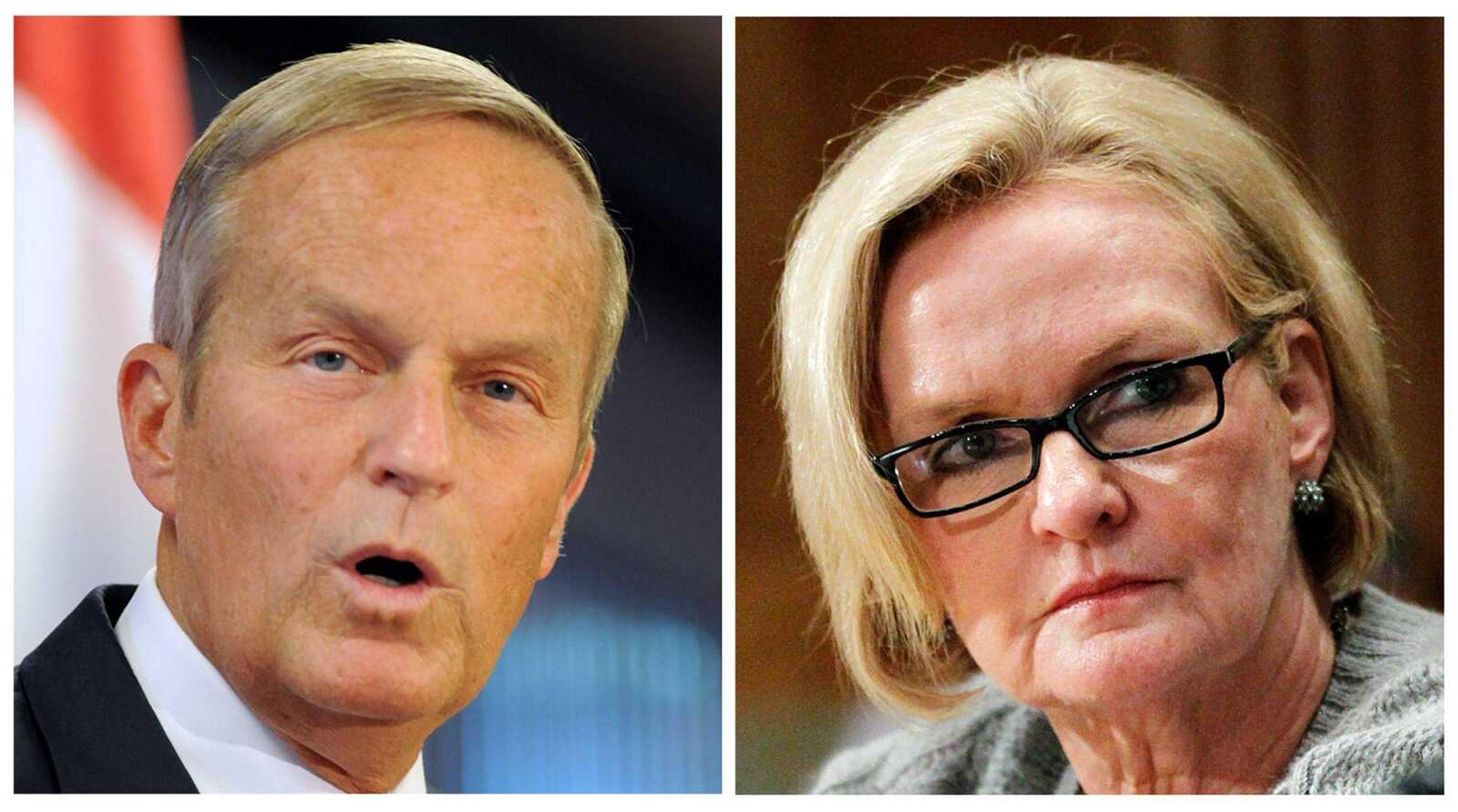 This photo combo shows U.S. Rep. Todd Akin, R-Mo., left, and Sen. Claire McCaskill, D-Mo. Since first uttering the words &#236;legitimate rape,&#238; Akin has continued to say things that have distracted attention from his campaign theme against McCaskill. Akin has linked McCaskill to President Barack Obama and his spending and health care policies. But unwanted attention remains _ most recently he compared McCaskill to a dog, and before that he suggested she wasn&#237;t &#236;ladylike.&#238; (AP Photo/Sid Hastings, Manuel Balce Ceneta)