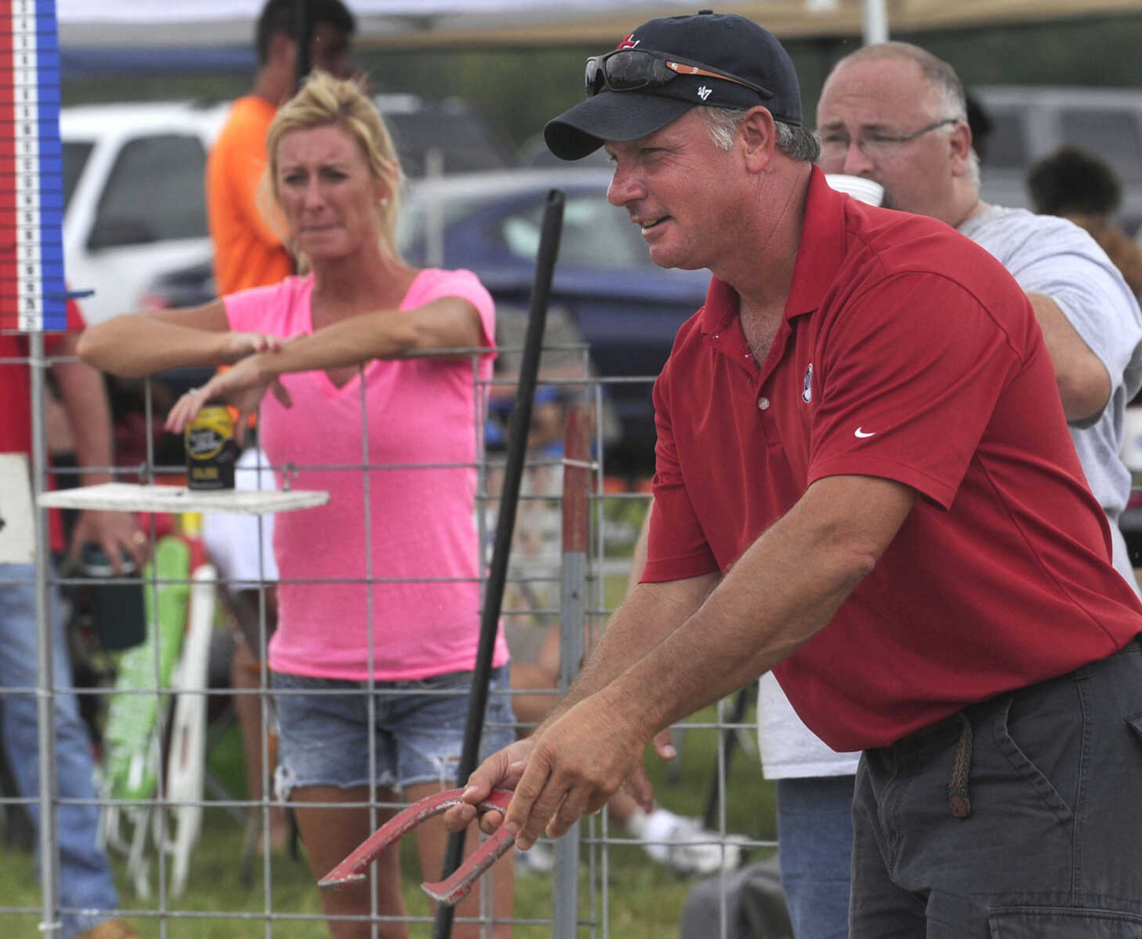 Pat Seyer of Oran, Mo. competes Sunday, Aug. 18, 2013 during the final day of the 33rd annual Knights of Columbus State Horseshoe Tournament which was hosted by Bishop Timon Council 6405 in Jackson.