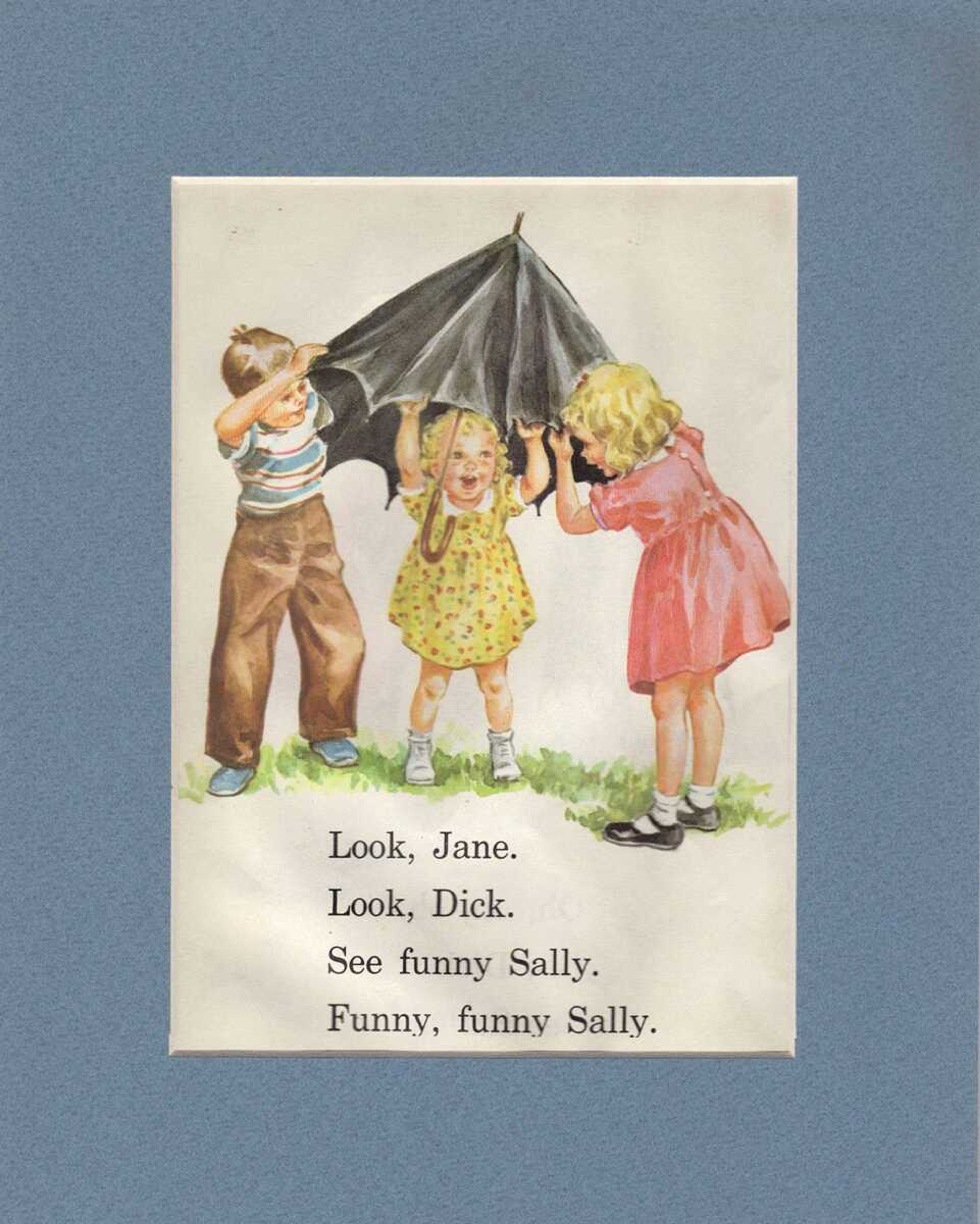 This product image released by TagNwag shows a page from "New We Look and See" basic reader from 1956 shows Dick, Jane and Sally playing with Sally's umbrella. This matted page from vintage Dick and Jane primers - is one of sets of four, pre-matted 8 1/2 X 11, prints or select pages and mattes from the website. (AP Photo/TagNwag)**NO SALES**