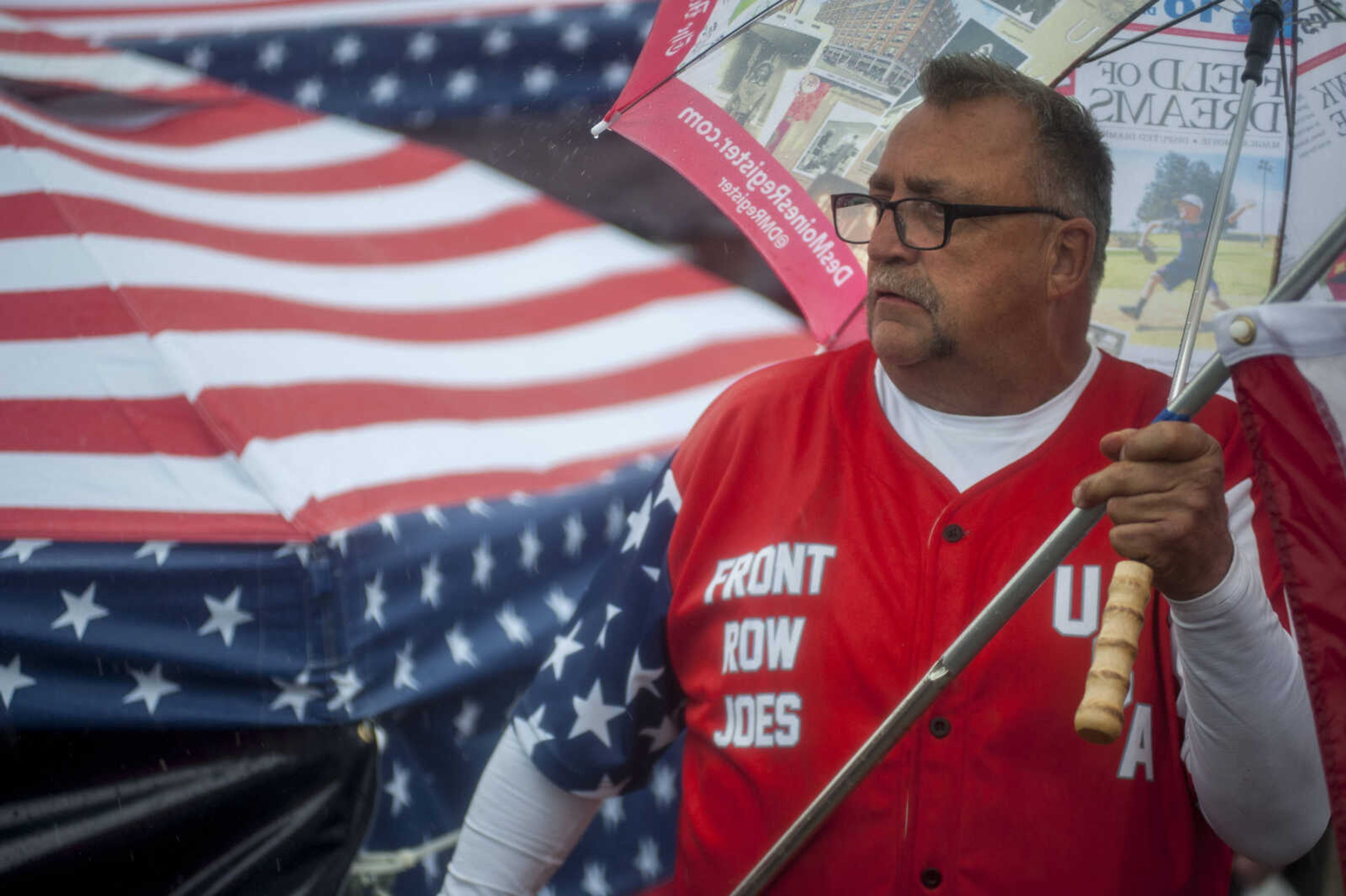 Randal Thom, 58, of Minnesota, poses for a portrait while waiting to attend a rally for President Trump at the Show Me Center Monday.