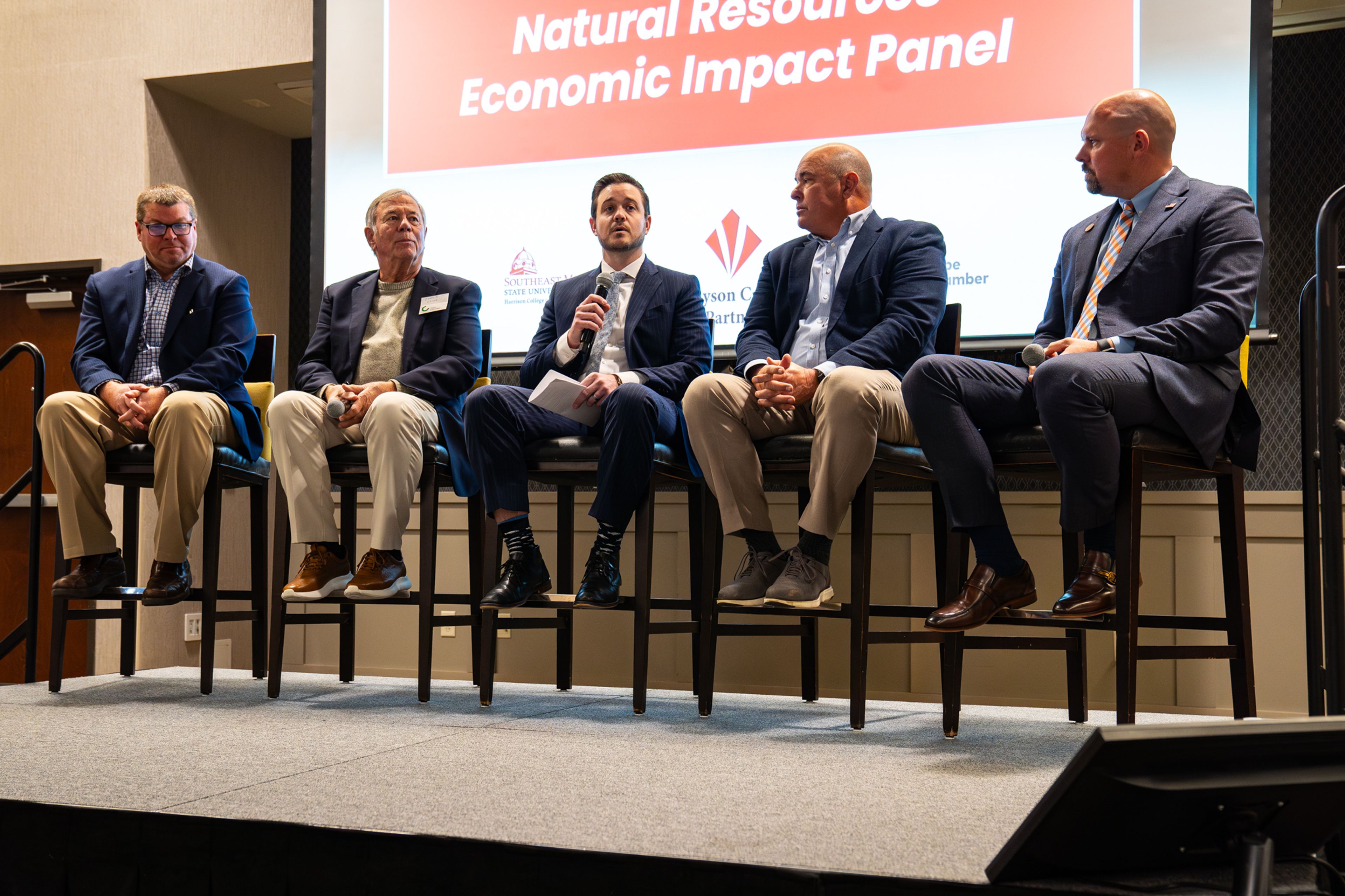 A group of local industrial leaders discuss the use of Southeast Missouri's natural resources and how it has helped the region on the national and global stage during the SEEDS conference Thursday, Nov. 14,  in Cape Girardeau. From left, Craig Conklin, Charles Kruse, Darren Chapman, Tommy Petzoldt and Dustin Boatwright.