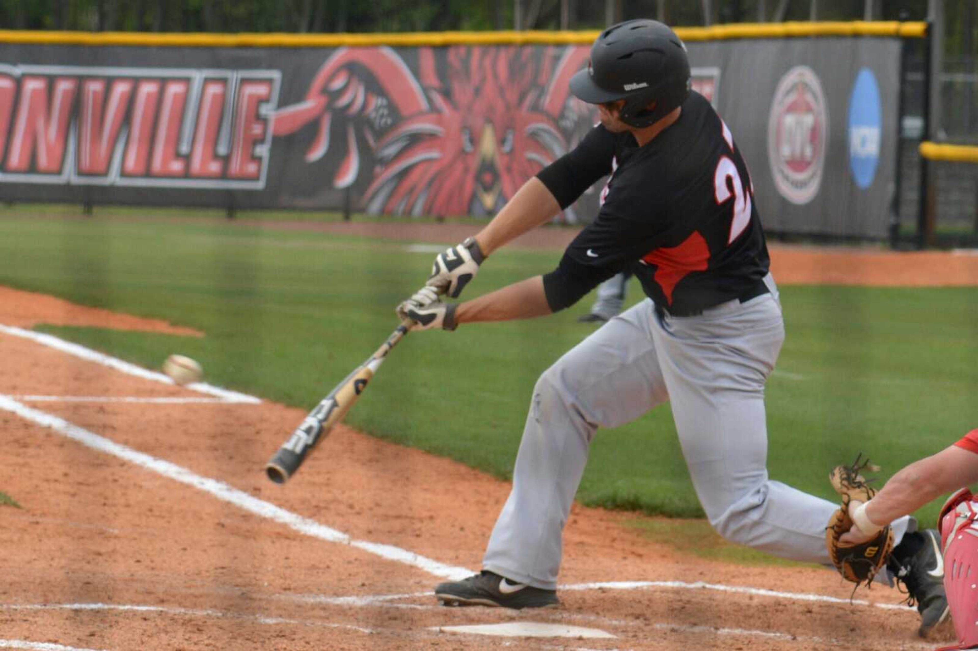 Southeast Missouri State&#8217;s Derek Gibson singles against Jacksonville State during Sunday&#8217;s game in Jacksonville, Ala. The Gamecocks won 5-3 to avoid a series sweep. (WAYNE MCPHERSON ~ Special to Southeast Missourian)