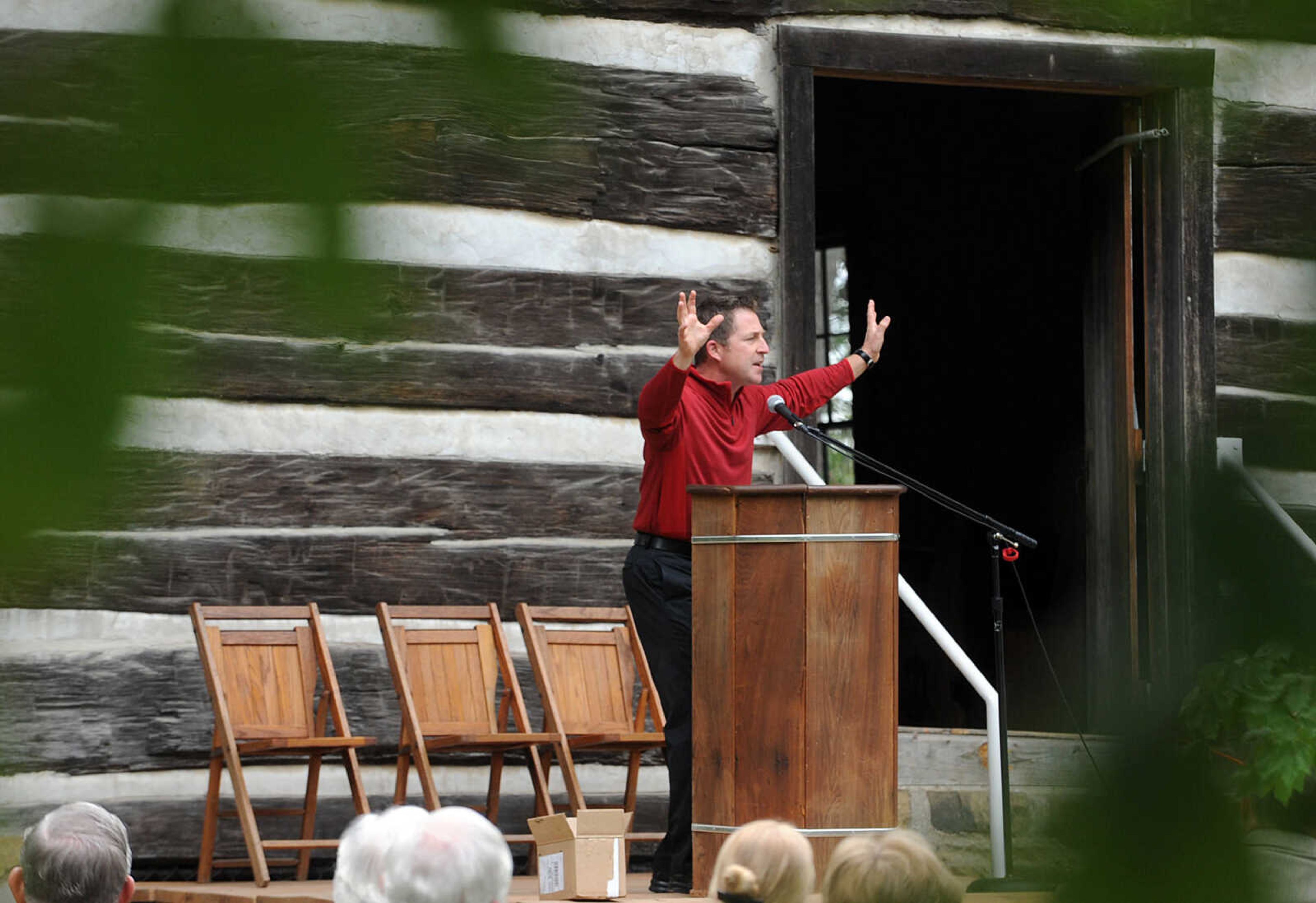 LAURA SIMON ~ lsimon@semissourian.com
Rev. Michael Schriener of Morning Star Church gives his message to around 100 people Sunday, Sept. 30, 2012 during the annual pilgrimage worship gathering at Old McKendree Chapel in Jackson, Mo. The chapel was built in 1819 and is known as the oldest Protestant church standing west of the Mississippi River.