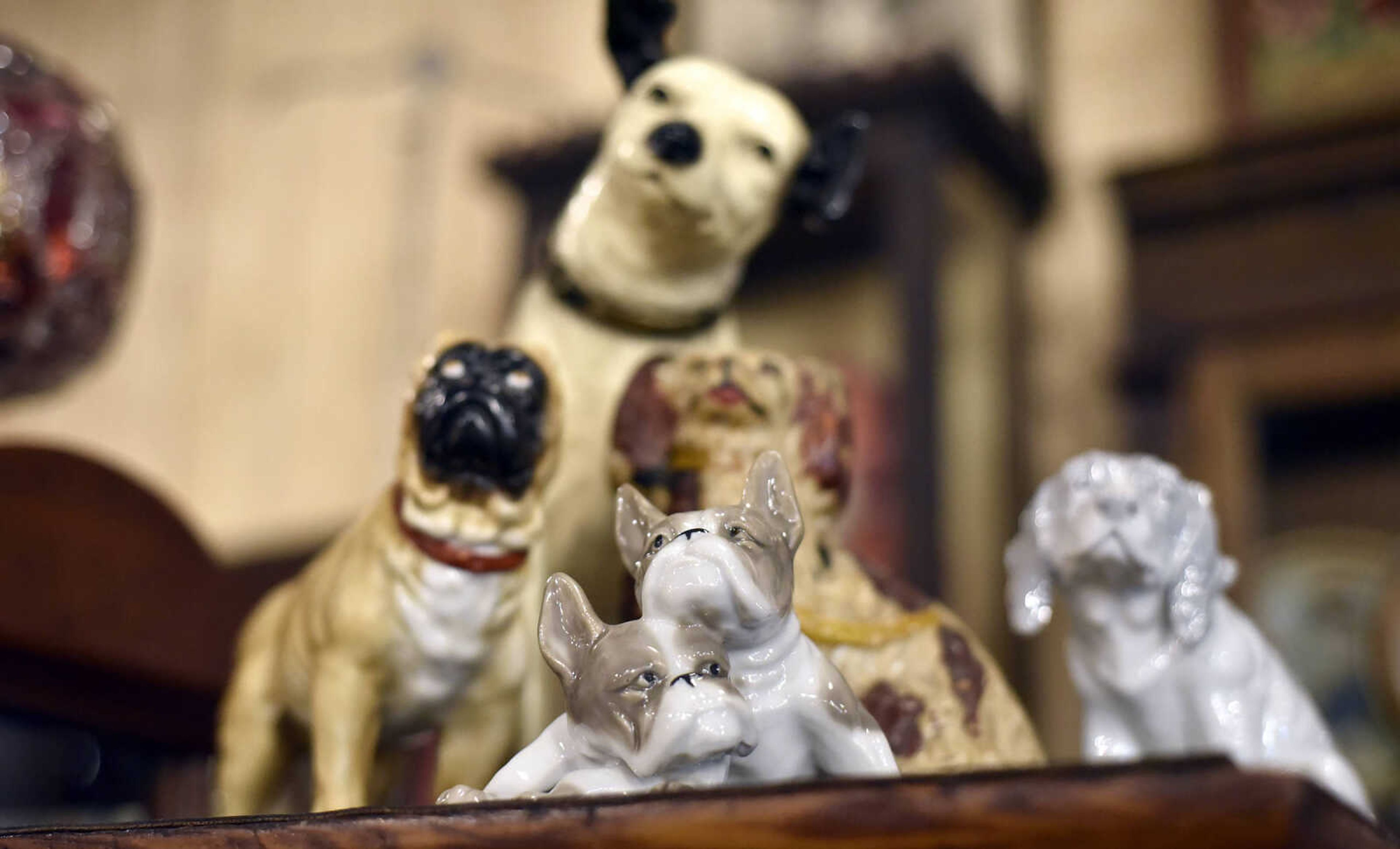 Dog statues are seen inside Fat Chance General Store in Cape Girardeau County.