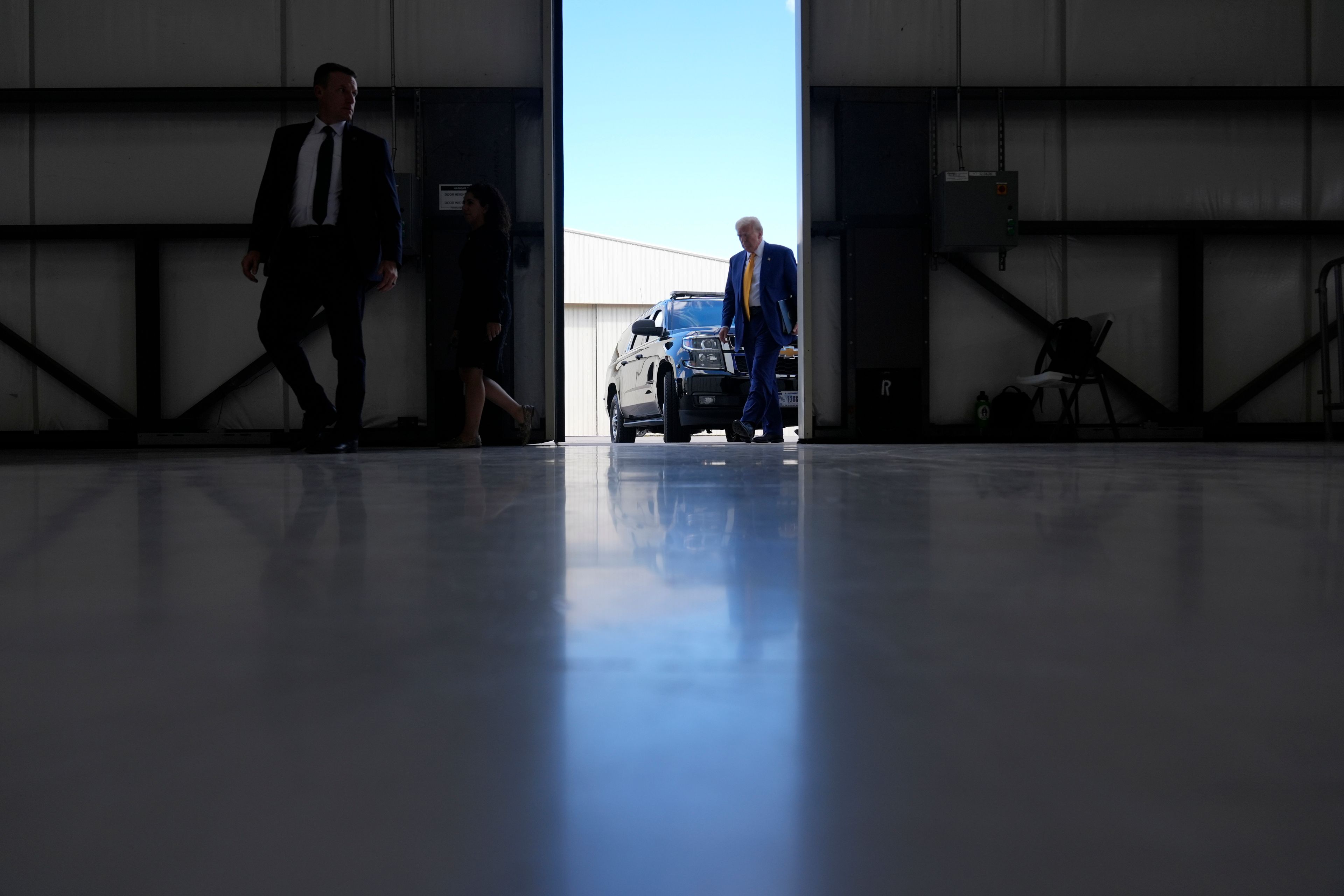 Republican presidential nominee former President Donald Trump arrives to speak at a news conference at Austin-Bergstrom International Airport, Friday, Oct. 25, 2024, in Austin, Texas. (AP Photo/Alex Brandon)