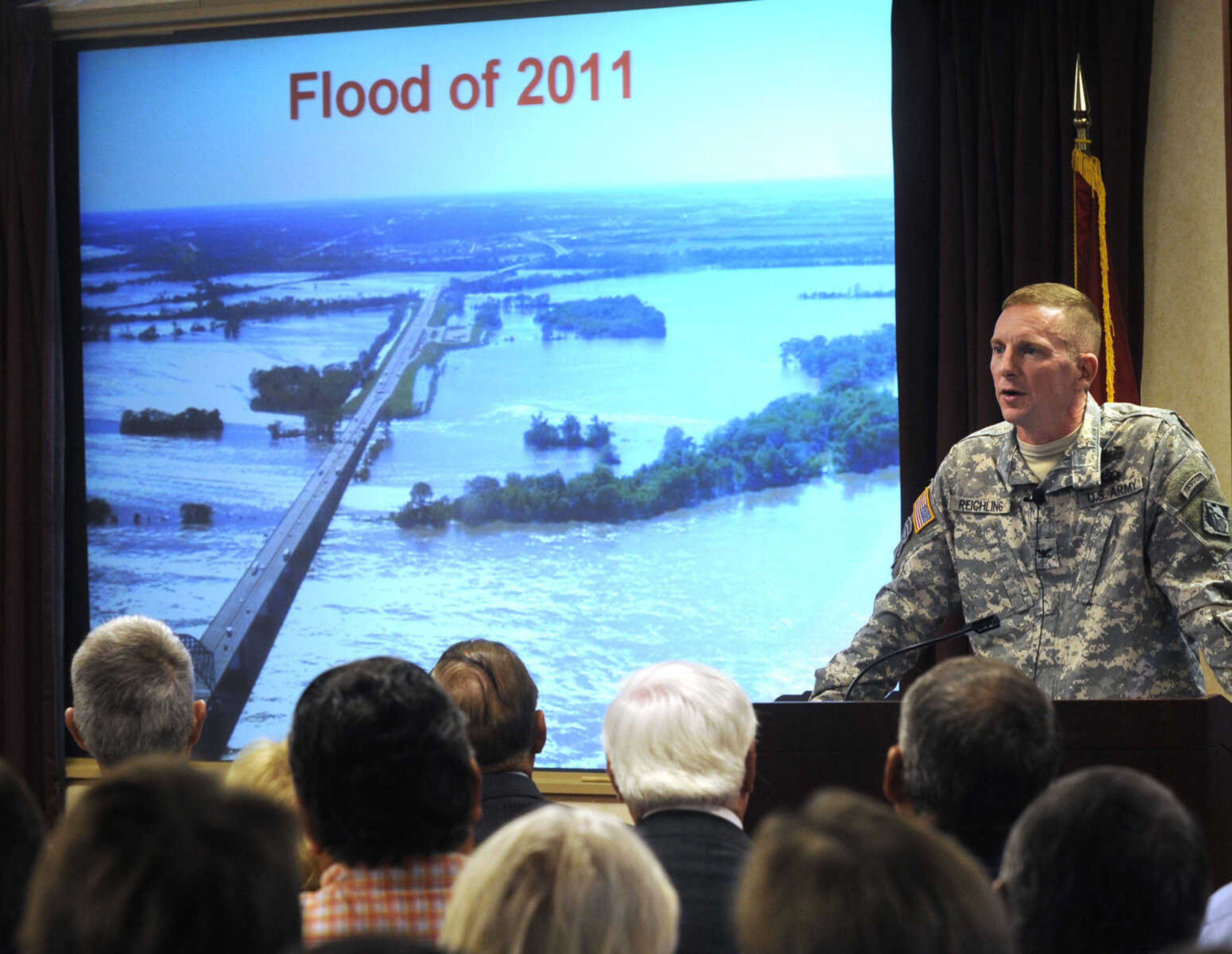 FRED LYNCH ~ flynch@semissourian.com
Col. Vernie L. Reichling Jr., commander of the Memphis District, U.S. Army Corps of Engineers, speaks Monday, Aug. 15, 2011 at New Madrid, Mo.