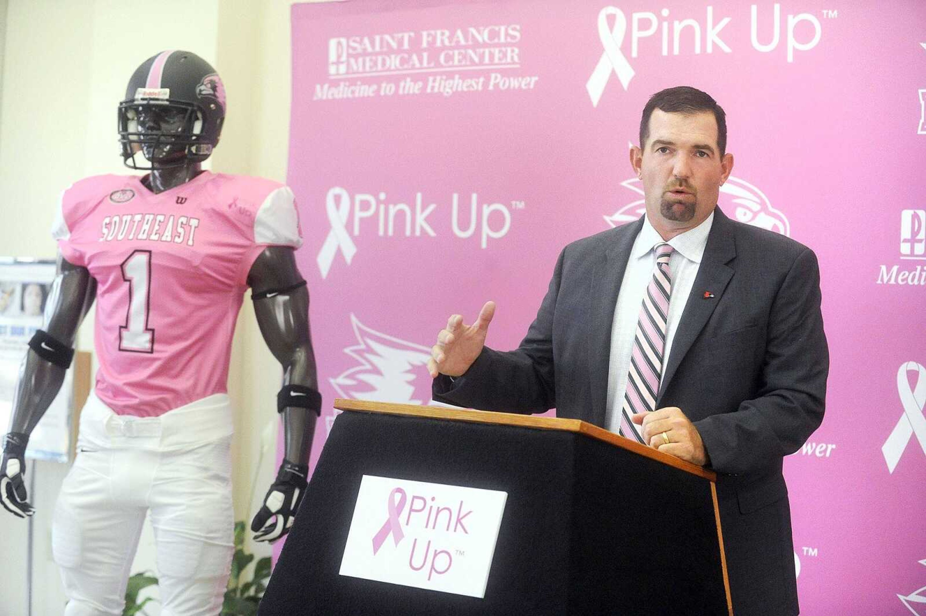 Southeast Missouri State head football coach Tom Matukewicz speaks during a joint press conference at Saint Francis Medical Center, Wednesday, Aug. 12, 2015. (Laura Simon)