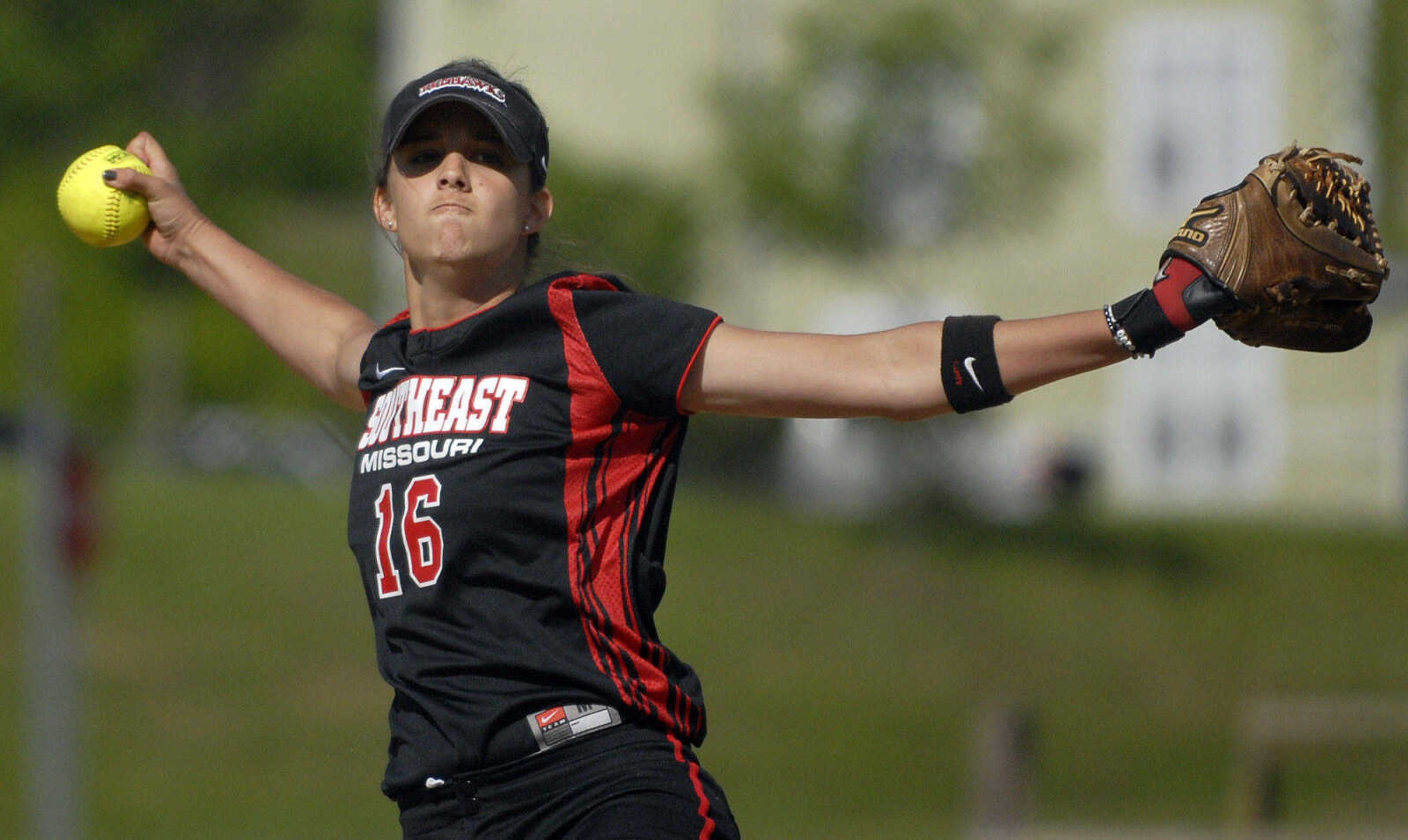 LAURA SIMON~lsimon@semissourian.com
Southeast pitcher Alora Marble winds up a pitch to a Saint Louis University player in the first game of a double-header Wednesday, May 4, 2011 at the Southeast Softball Complex.