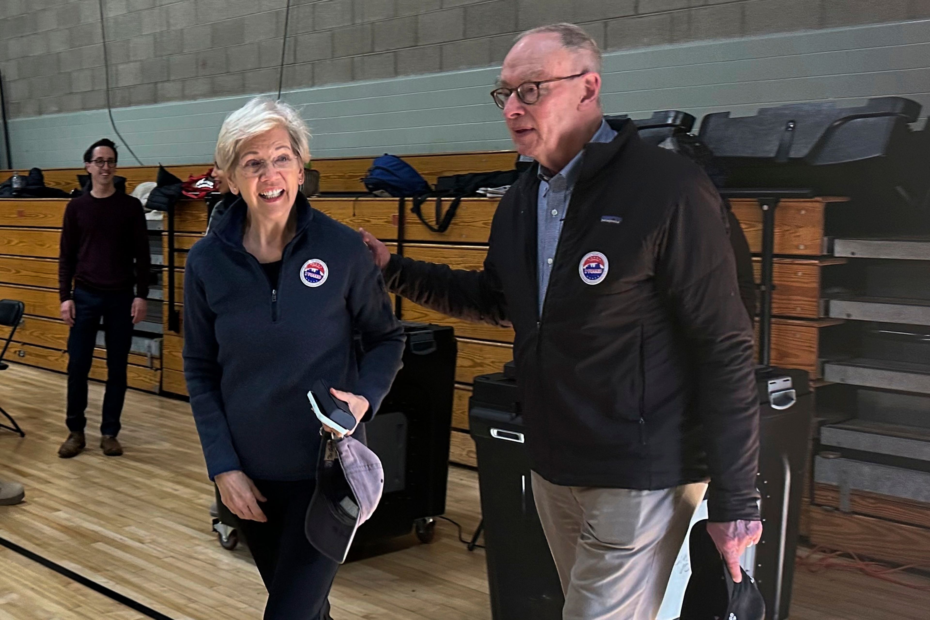 U.S. Sen. Elizabeth Warren and her husband Bruce Mann cast their ballots at a polling location near her home in Cambridge, Mass., on Election Day, Tuesday, Nov. 5, 2024. (AP Photo/Steve LeBlanc)