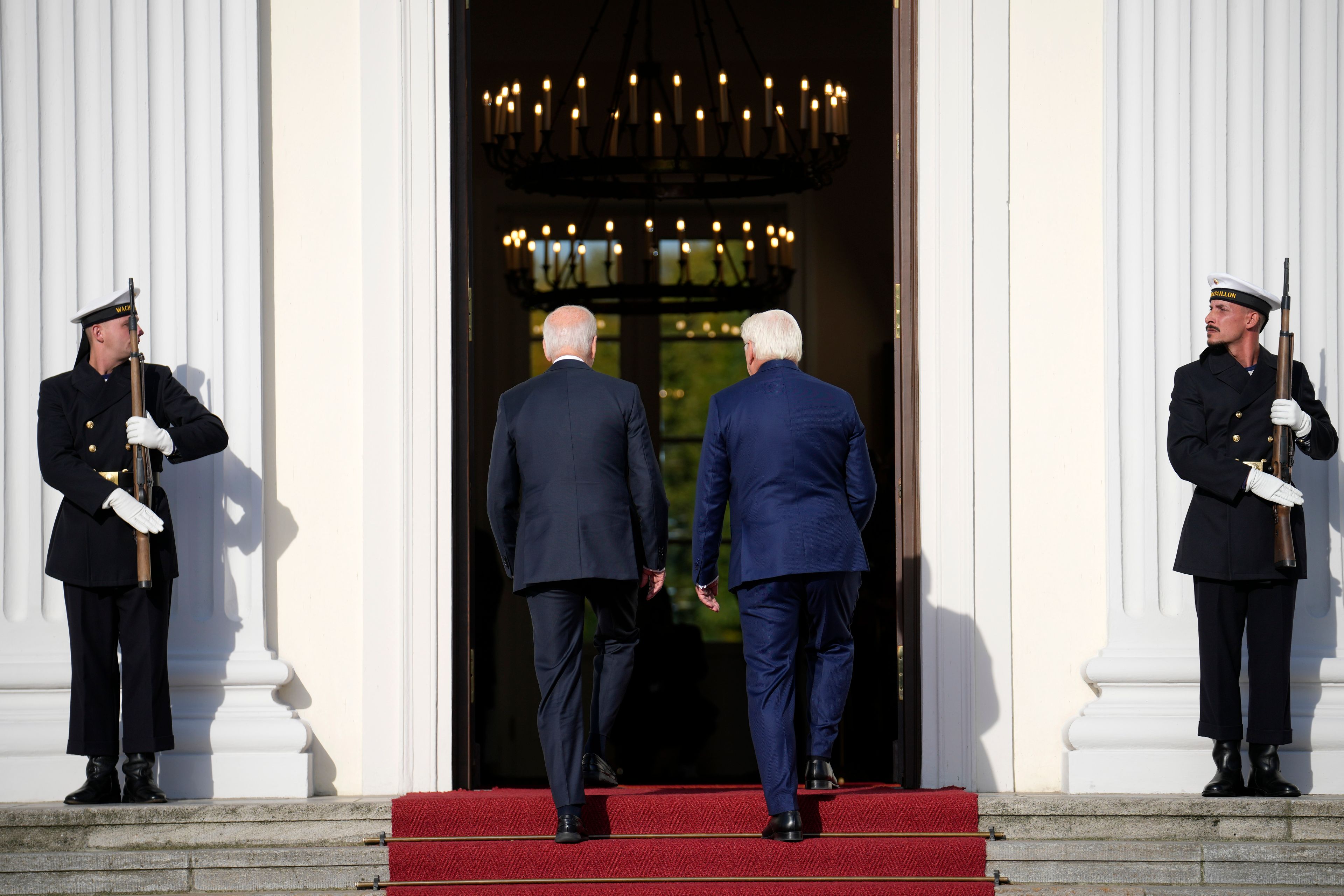 President Joe Biden and German President Frank-Walter Steinmeier enter Bellevue Palace in Berlin, Germany, Friday, Oct. 18, 2024. (AP Photo/Ebrahim Noroozi)