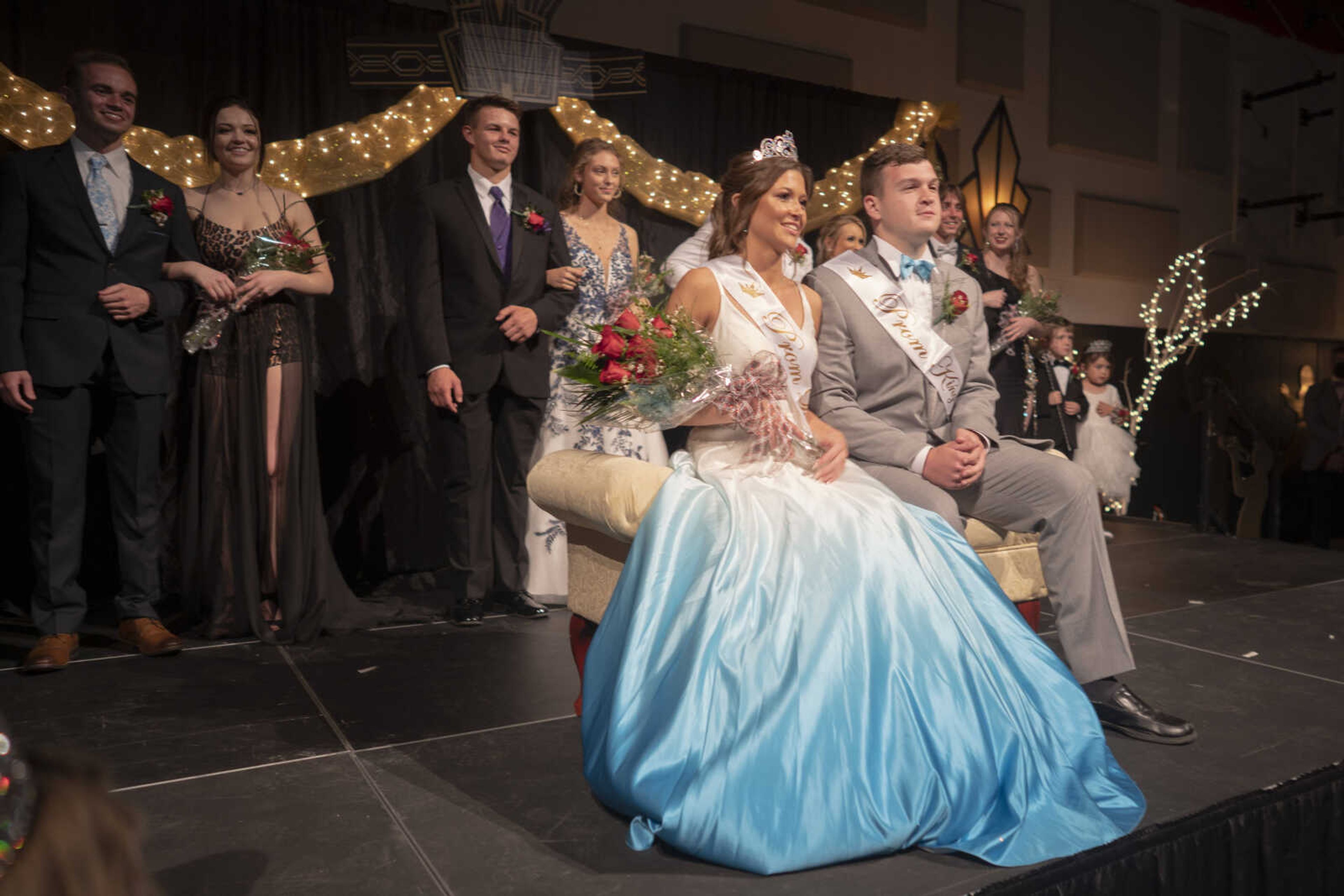 The prom court, headed by prom queen Ava Borgfield and prom king Steeler Bass, are seen during coronation Saturday, May 1, 2021 at Jackson High School.