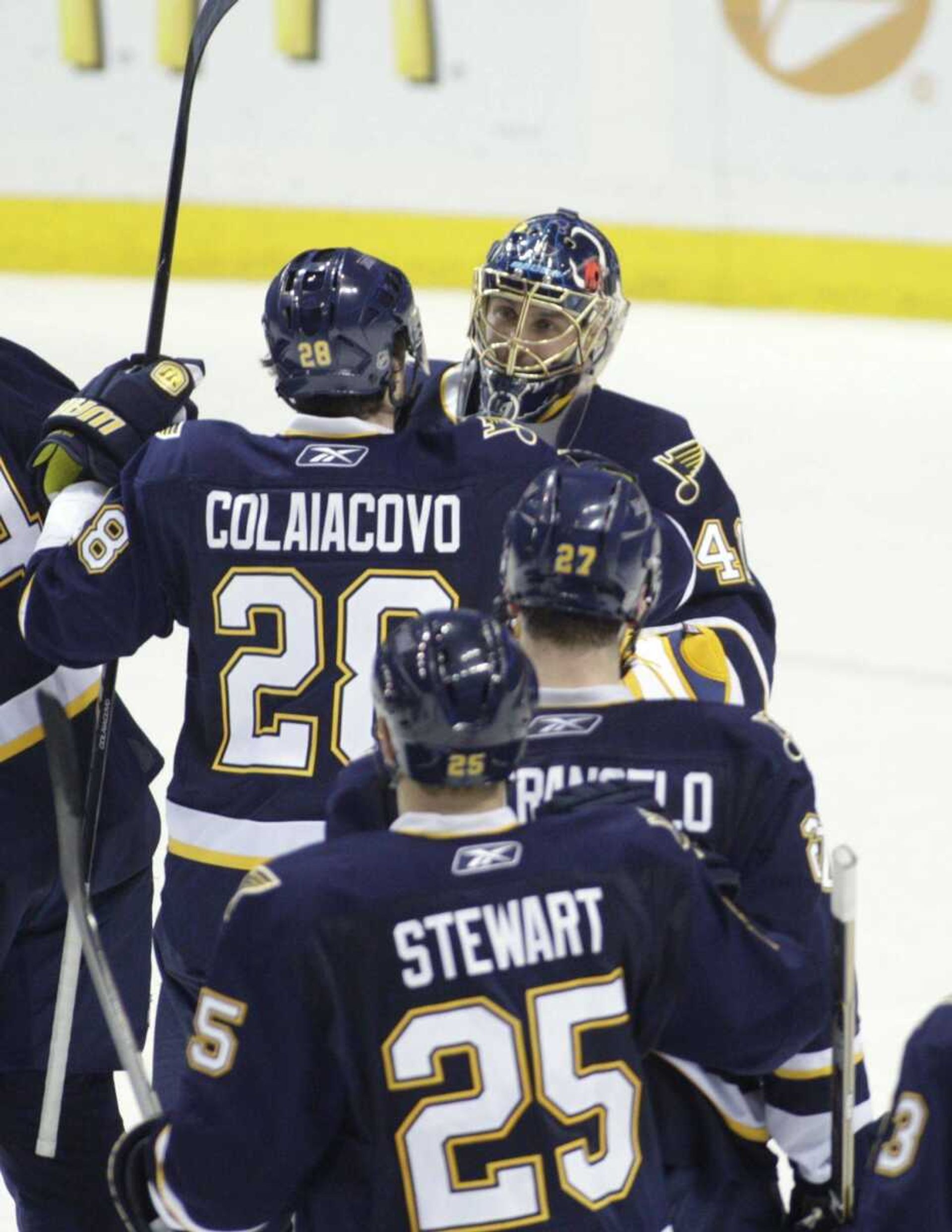 St. Louis Blues goalie Jaroslav Halak, top, is congratulated by teammates Carlo Colaiacovo, Alex Pietrangelo and Chris Stewart after finishing off the Montreal Canadiens in an NHL hockey game, Thursday, March 10, 2011 in St. Louis. Halak, playing against his former team for the first time since being traded to the Blues in the offseason, stopped 27 of 28 shots as the Blues defeated the Canadiens 4-1. (AP Photo/Tom Gannam)