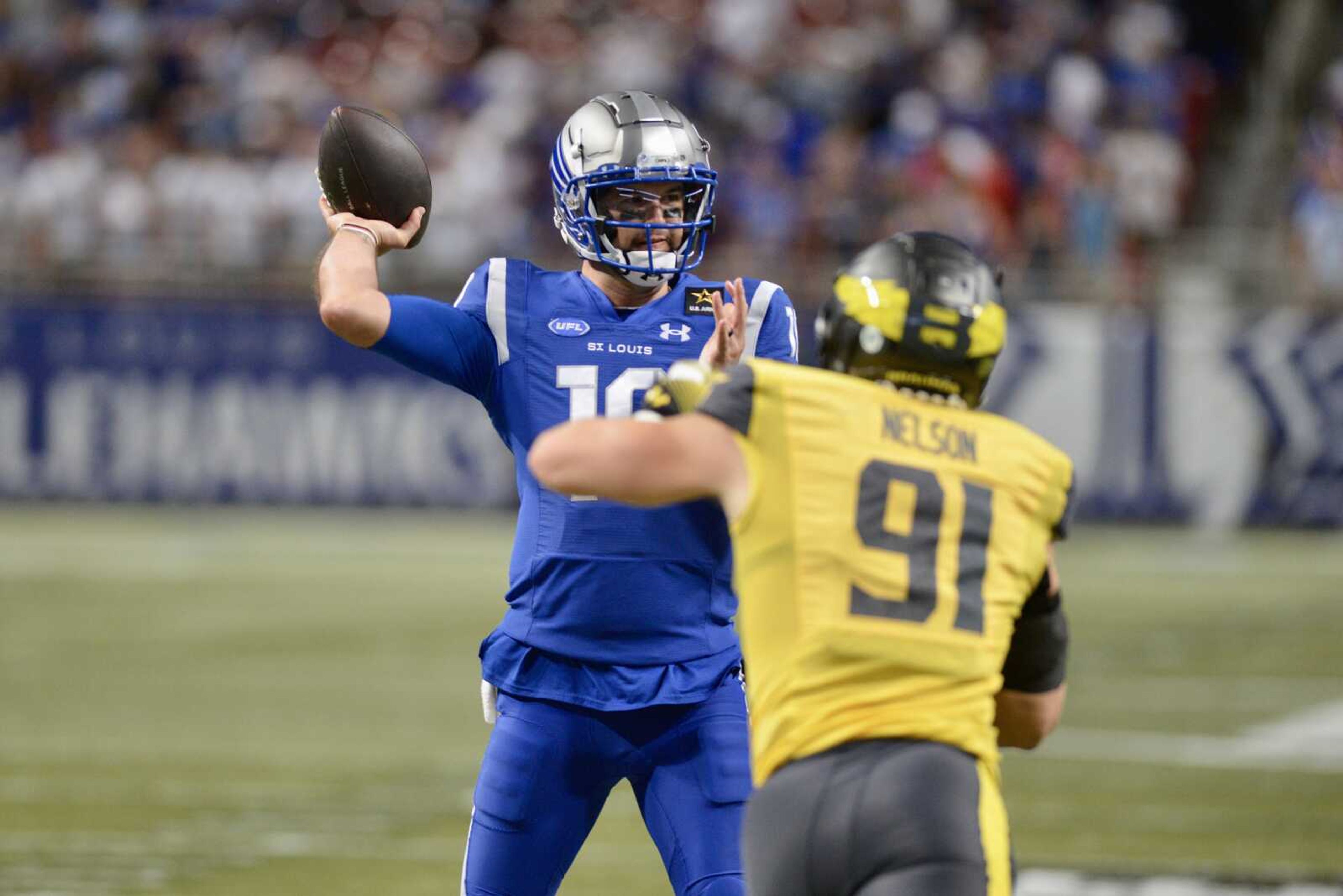 St. Louis Battlehawks quarterback AJ McCarron winds up to throw the football during a game against the San Antonio Brahmas on Saturday, June 1, in St. Louis. 