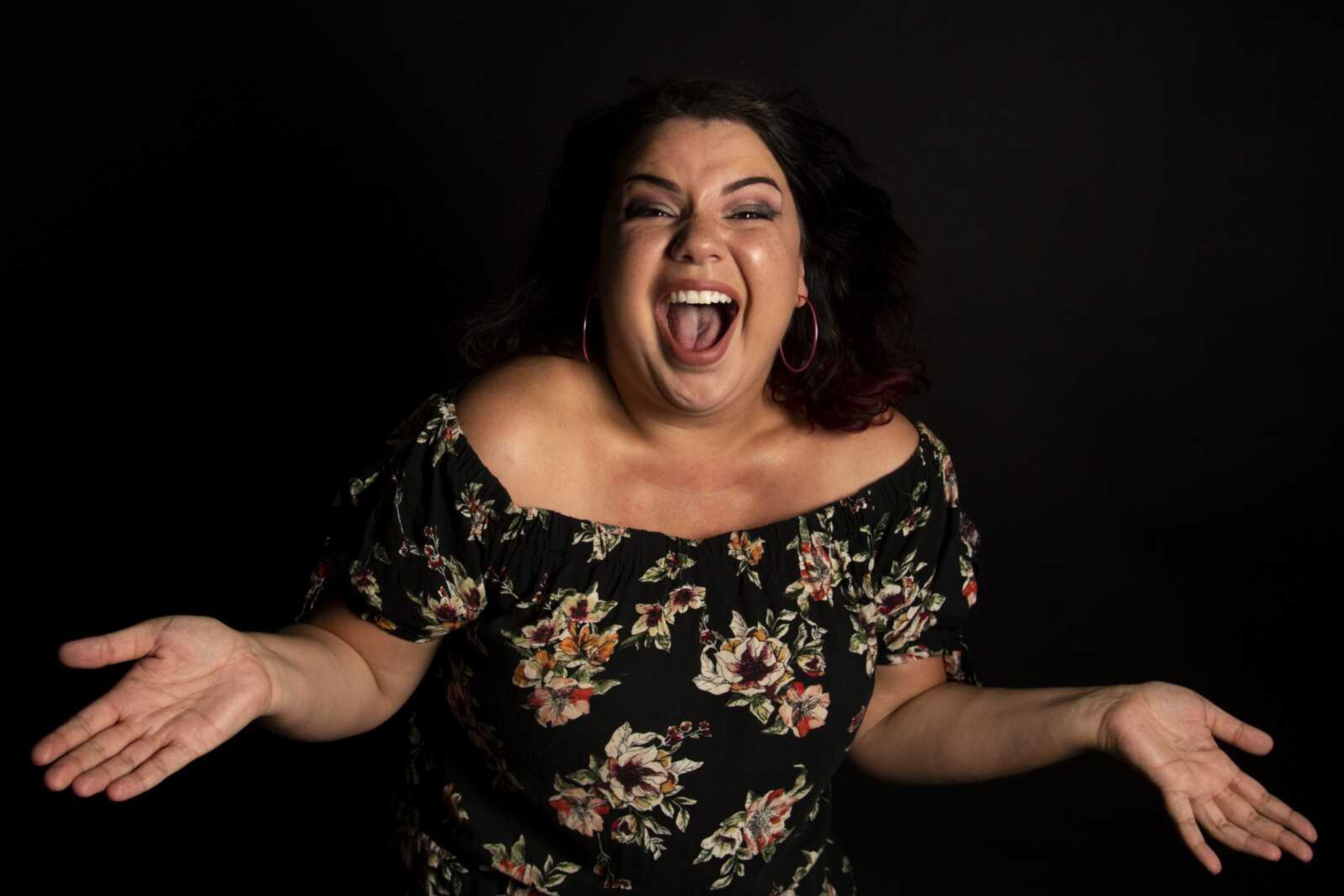 Comedian Joy Brooker of Cape Girardeau poses for a portrait Wednesday at the Southeast Missourian photo studio in Cape Girardeau. "My own failures inspire me. I don't see them as failures so much as a great opportunity to get a laugh," Brooker said about her comedy.