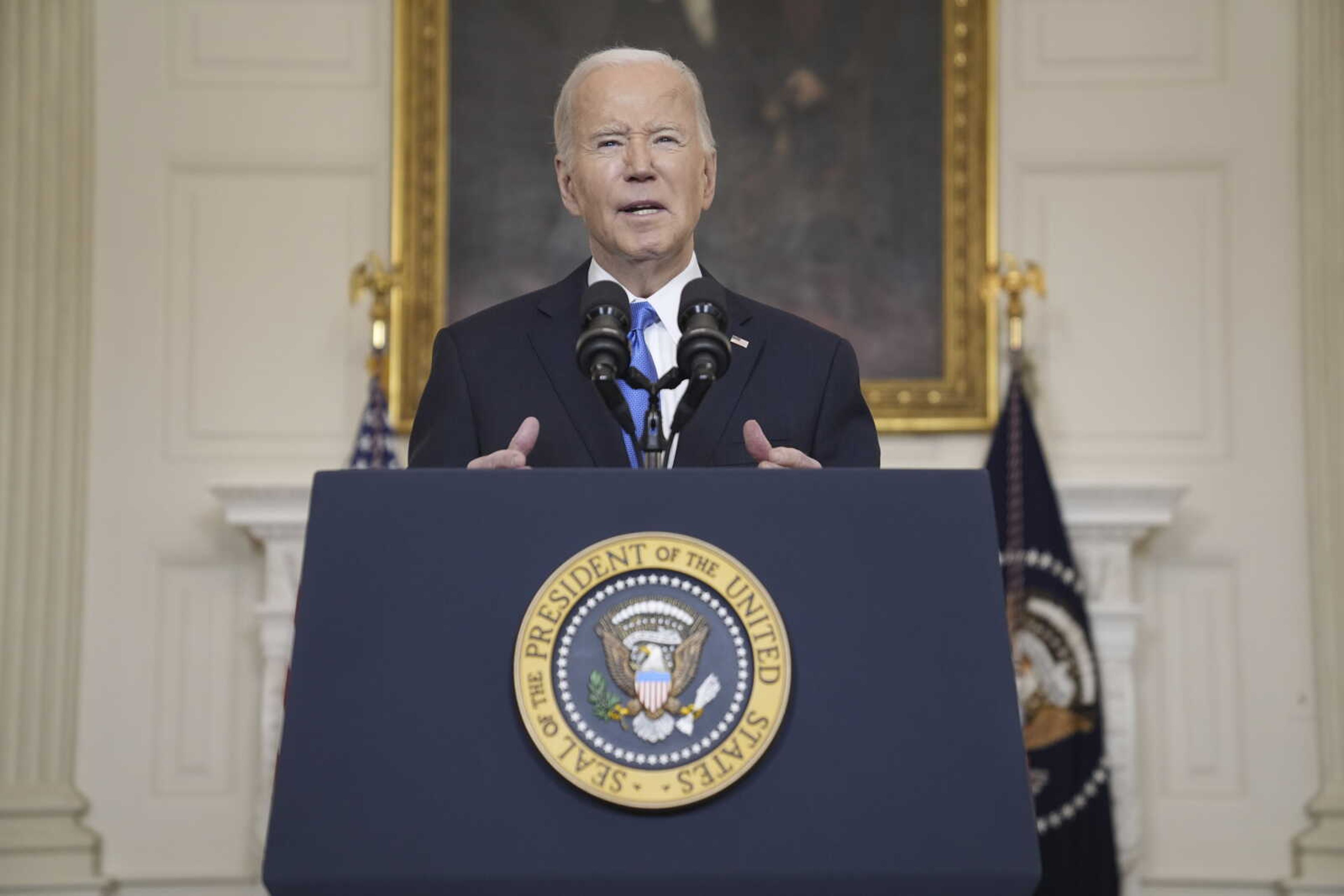 President Joe Biden delivers remarks on a $95 billion Ukraine Israel aid package being debated in Congress, in the State Dining Room of the White House, Tuesday, Feb. 13, 2024, in Washington. (AP Photo/Evan Vucci)