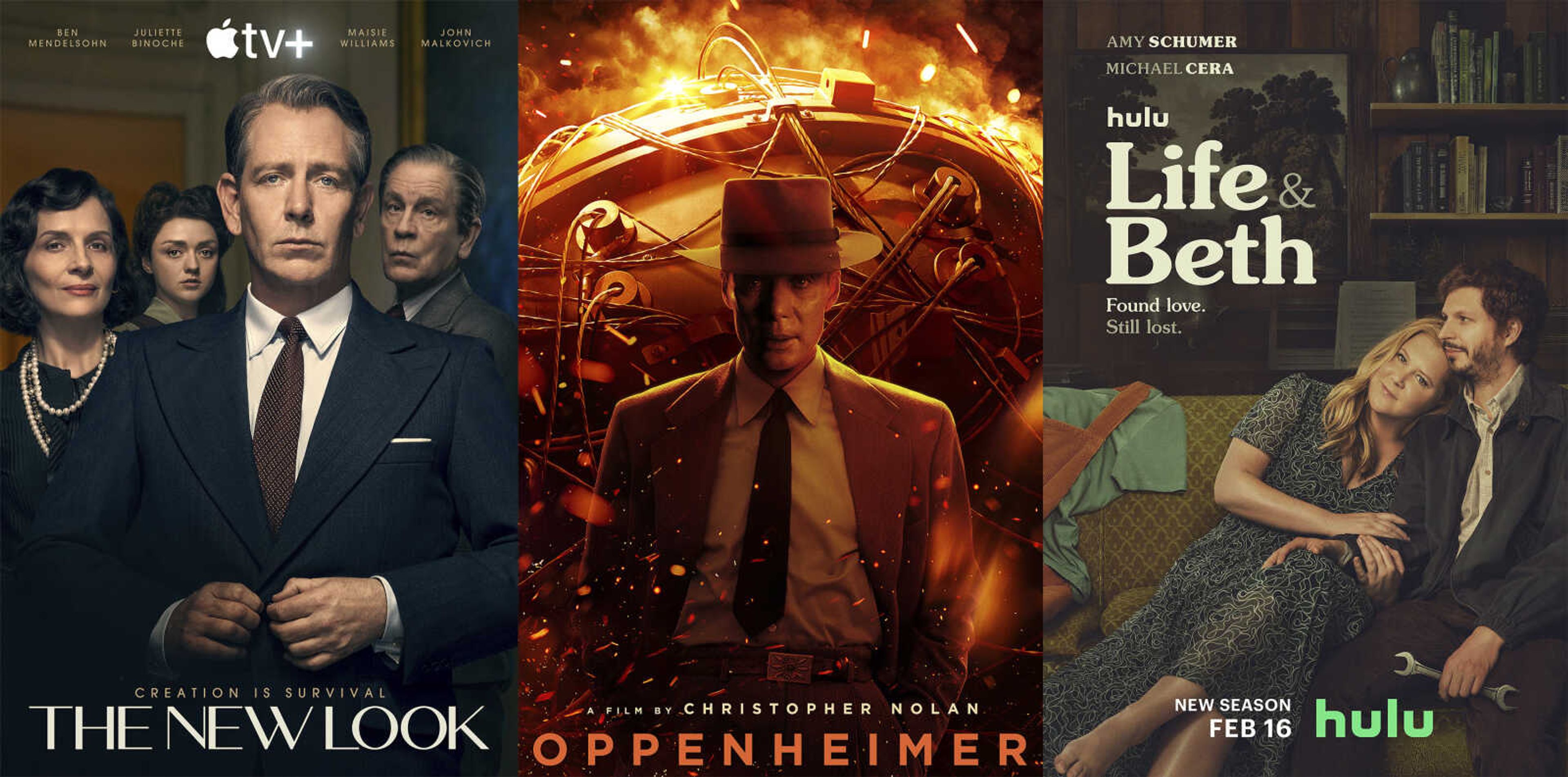 Promotional art for "The New Look", streaming Feb. 14 on Apple, left; "Oppenheimer", streaming Feb. 16 on Peacock, center; and "Life & Beth", a series premiering its second season Feb. 16 on Hulu.