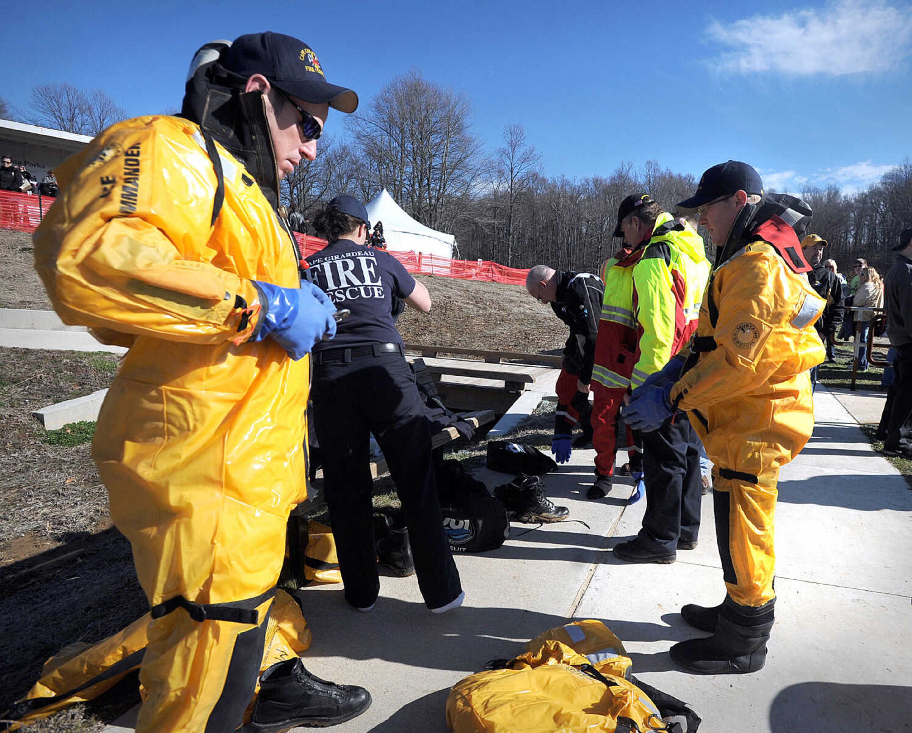 LAURA SIMON ~ lsimon@semissourian.com
Members of the Cape Girardeau Fire Department prepare for the cold waters of Lake Boutin Saturday afternoon, Feb. 2, 2013 during the Polar Plunge at Trail of Tears State Park. Thirty-six teams totaling 291 people took the annual plunge that benefits Special Olympics Missouri.