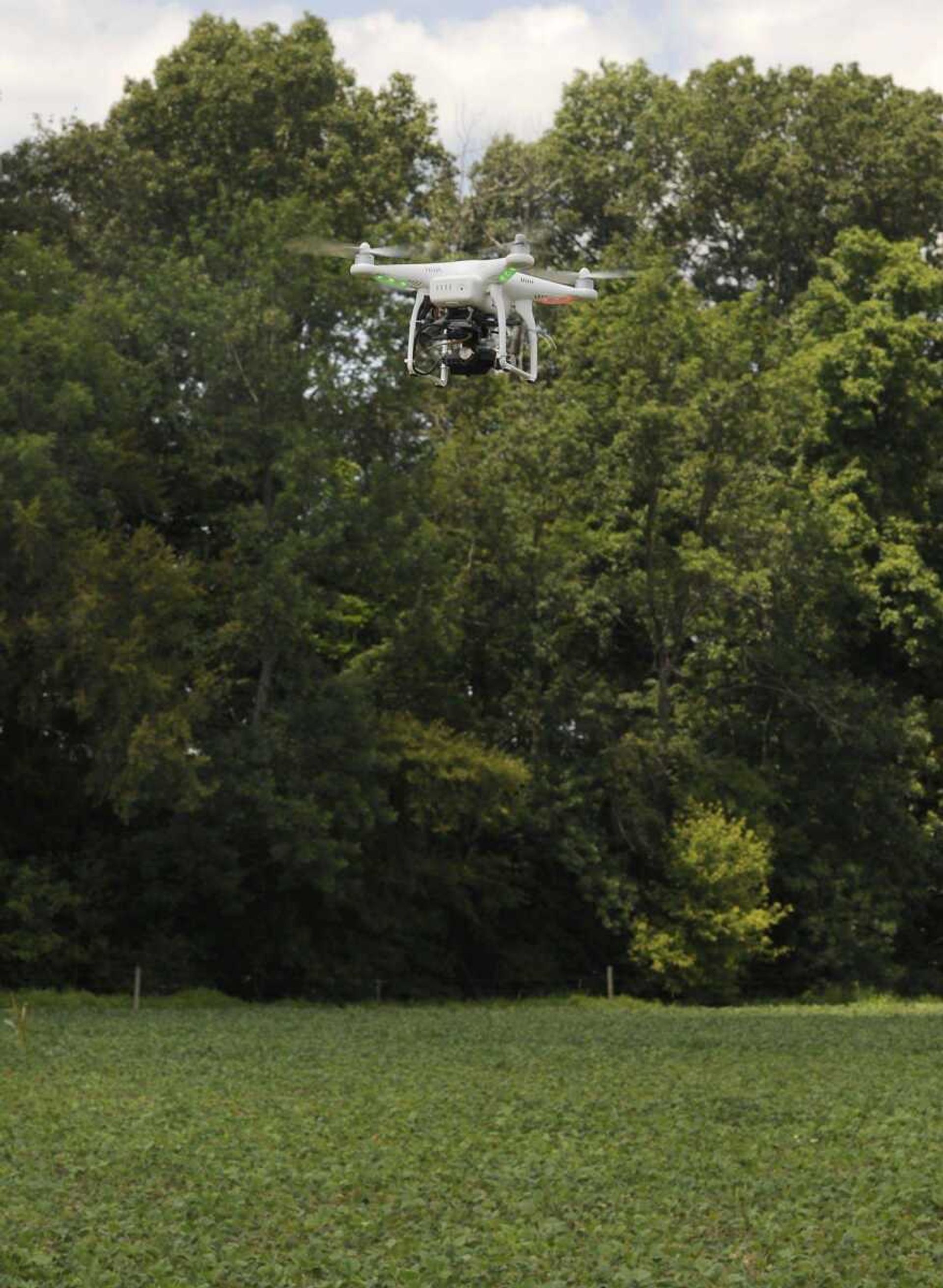 A drone is demonstrated over a soybean field Tuesday at the David M. Barton Agriculture Research Center near Gordonville. (Fred Lynch)