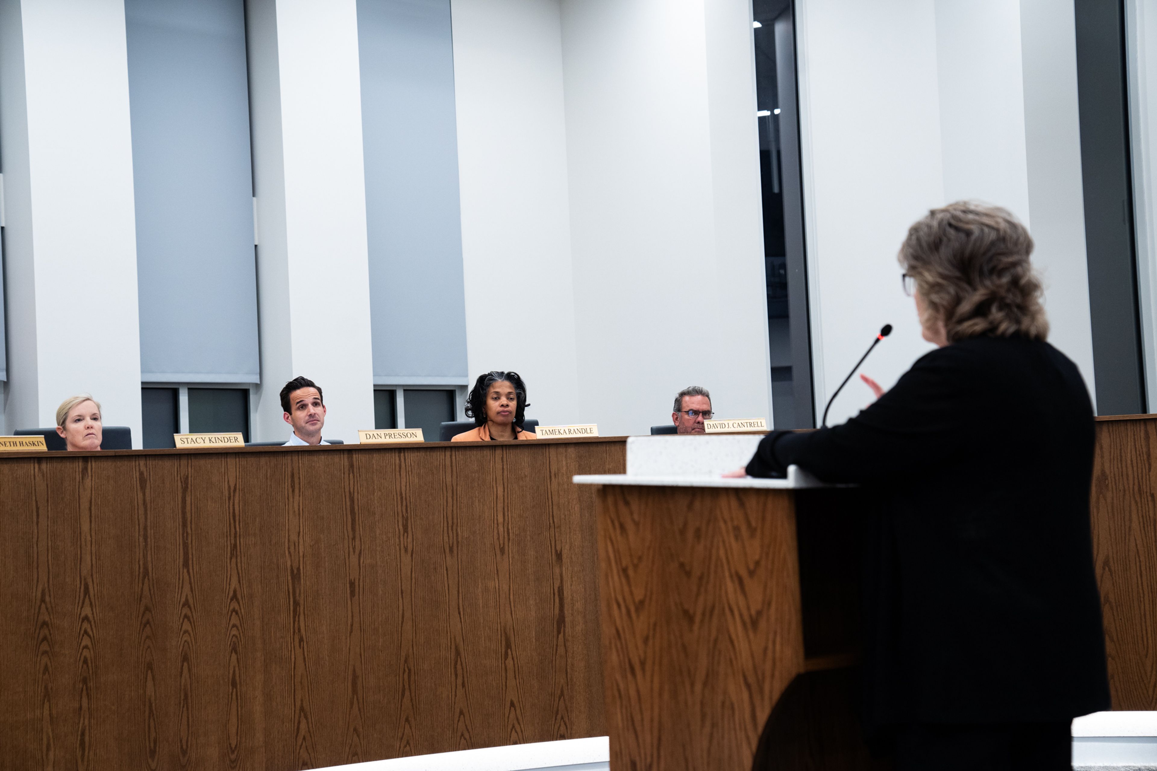 City finance director Lisa Mills speaks to the Cape Girardeau City Council including, from left, Mayor Stacy Kinder, Ward 1 Councilman Dan Presson, Ward 2 Councilwoman Tameka Randle and Ward 4 Councilman David Cantrell about an ordinance appropriating money for new equipment in the Cape Girardeau Police Department on Monday, Nov. 18, at City Hall in Cape Girardeau.