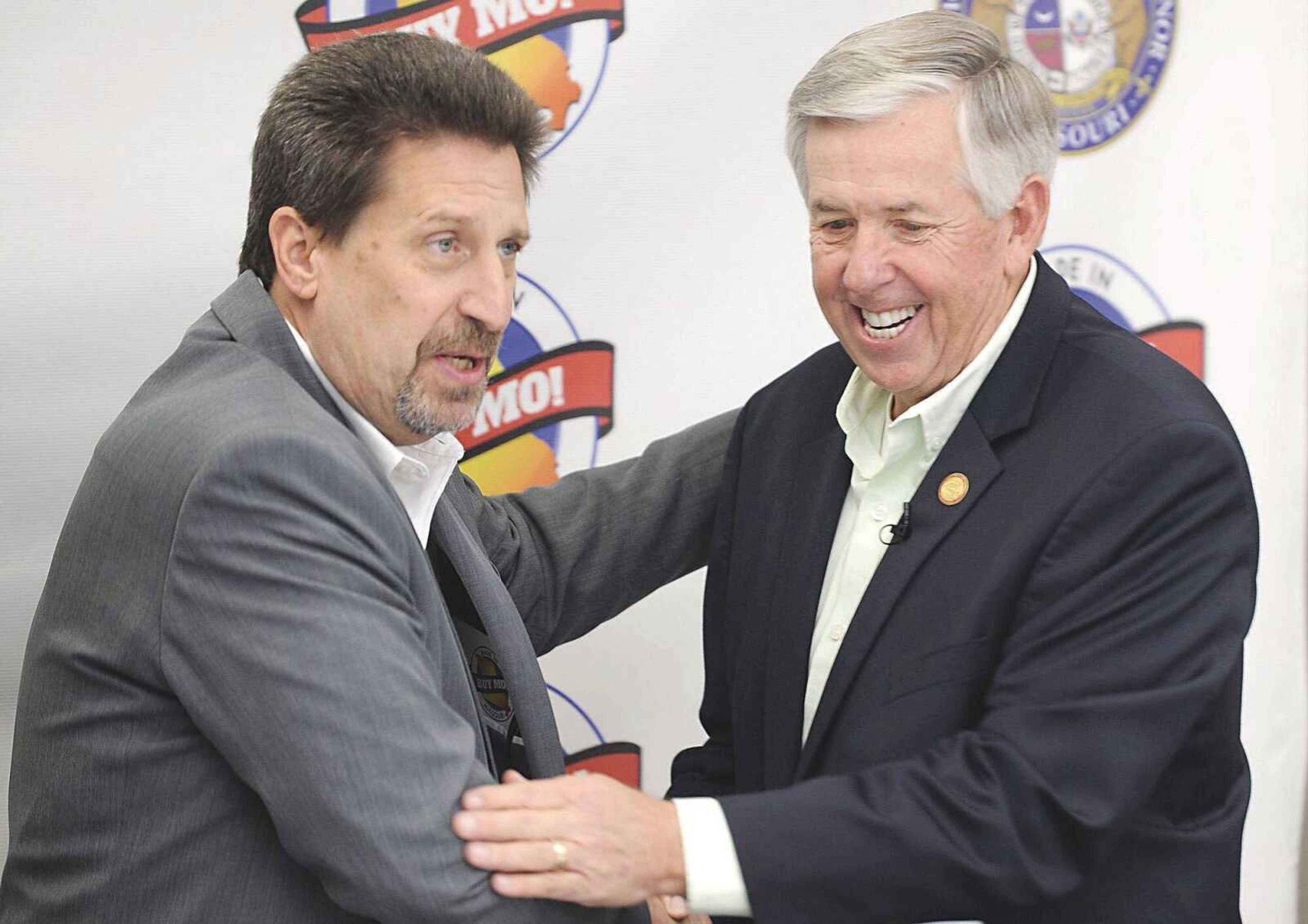  John Mehner, left, introduces then-Lt. Gov. Mike Parson on Oct. 25, 2017 in Cape Girardeau.
